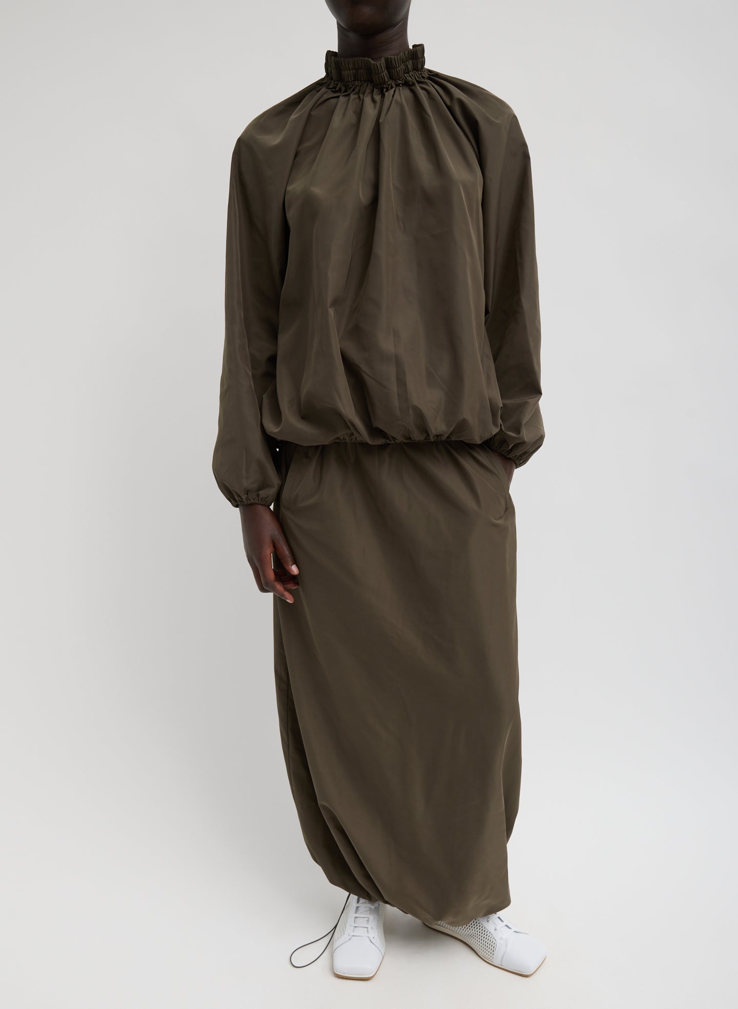 Dark Hazelnut Green Italian Sporty Nylon Shirred Anorak Top - full look, front view on model