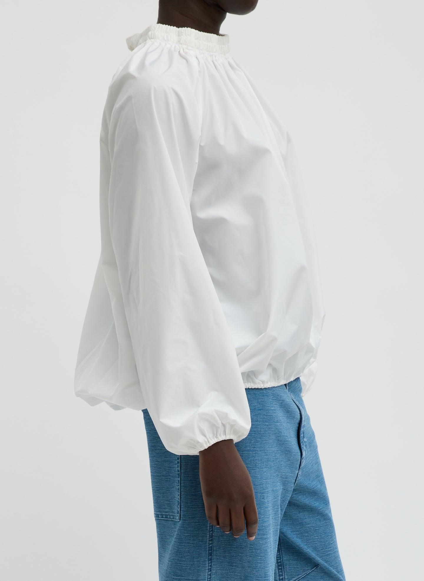 White Italian Sporty Nylon Shirred Anorak Top - side view on model