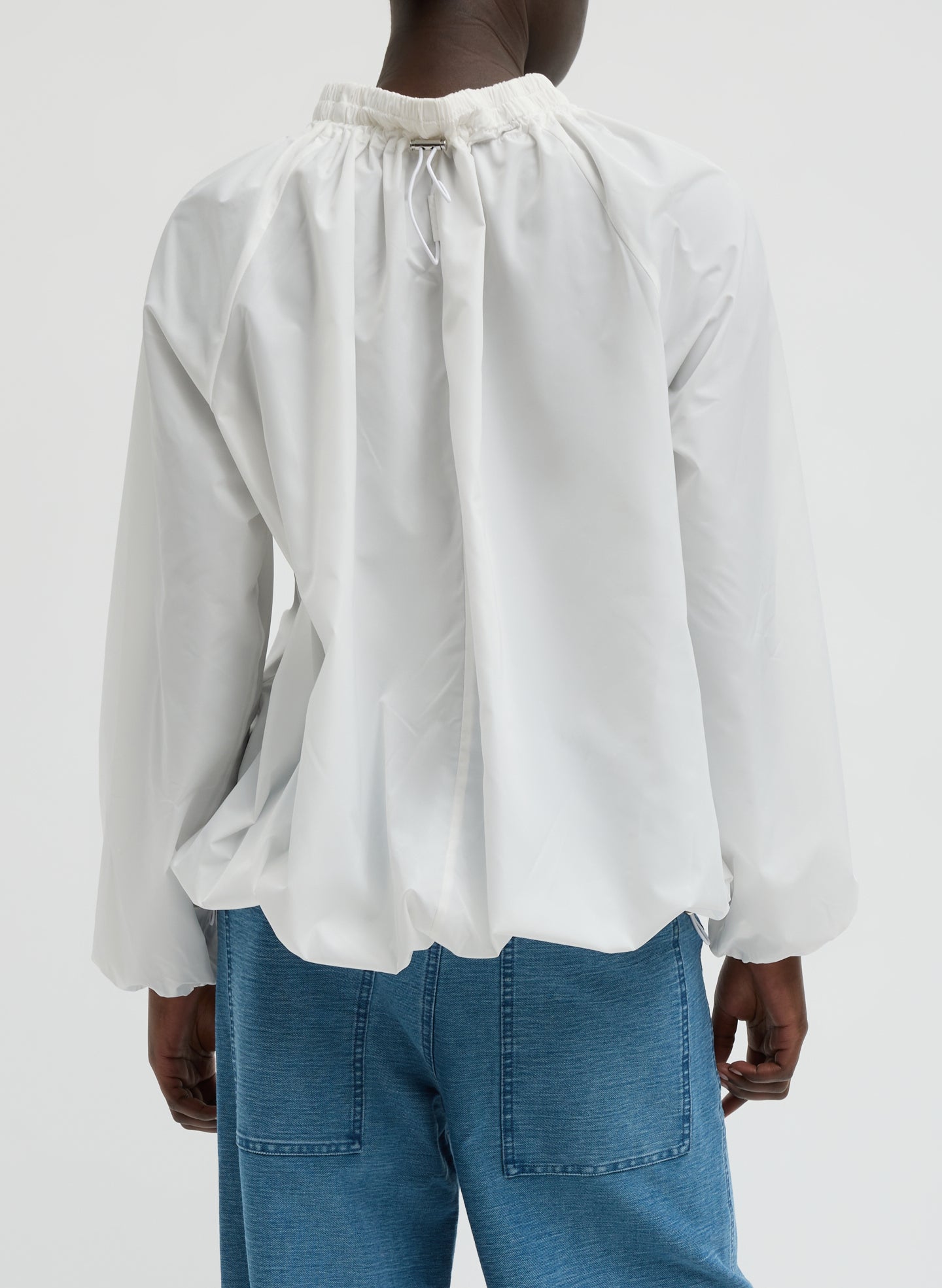 White Italian Sporty Nylon Shirred Anorak Top - back view on model