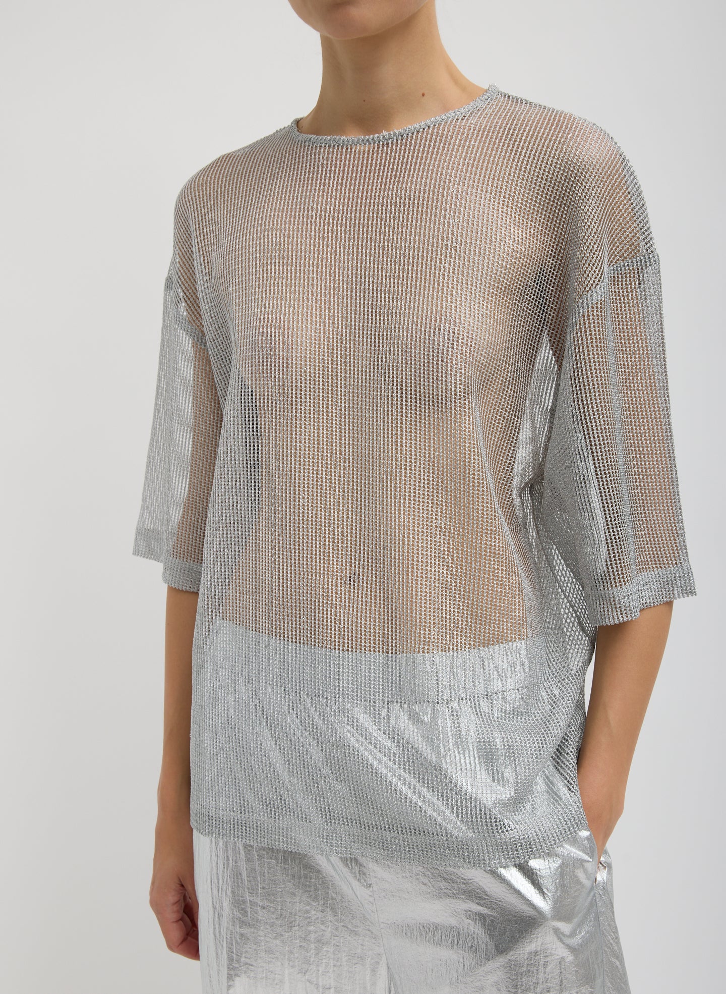 Silver Viscose Metallic Mesh Easy T-Shirt - front view on model