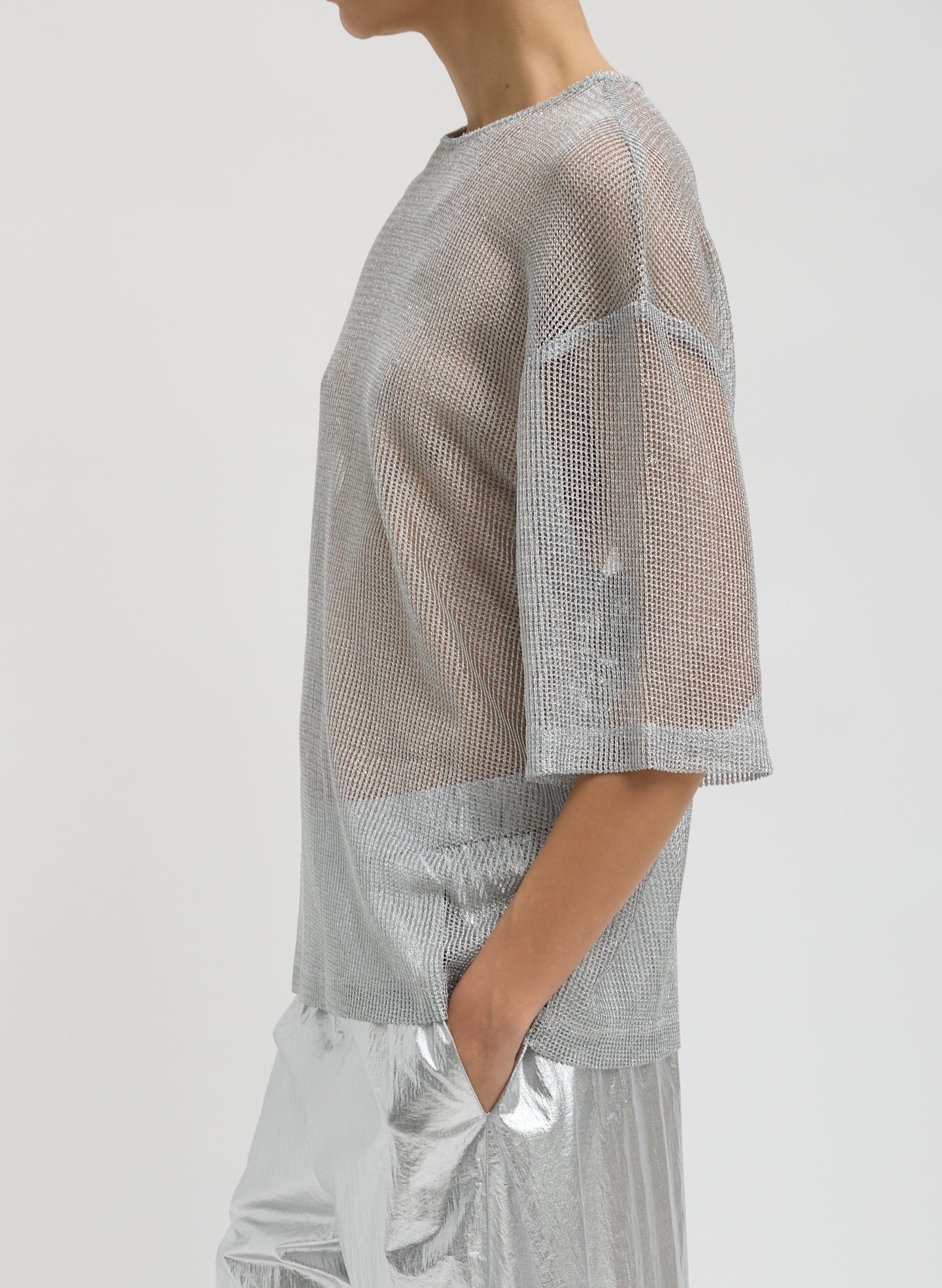 Silver Viscose Metallic Mesh Easy T-Shirt - side view on model