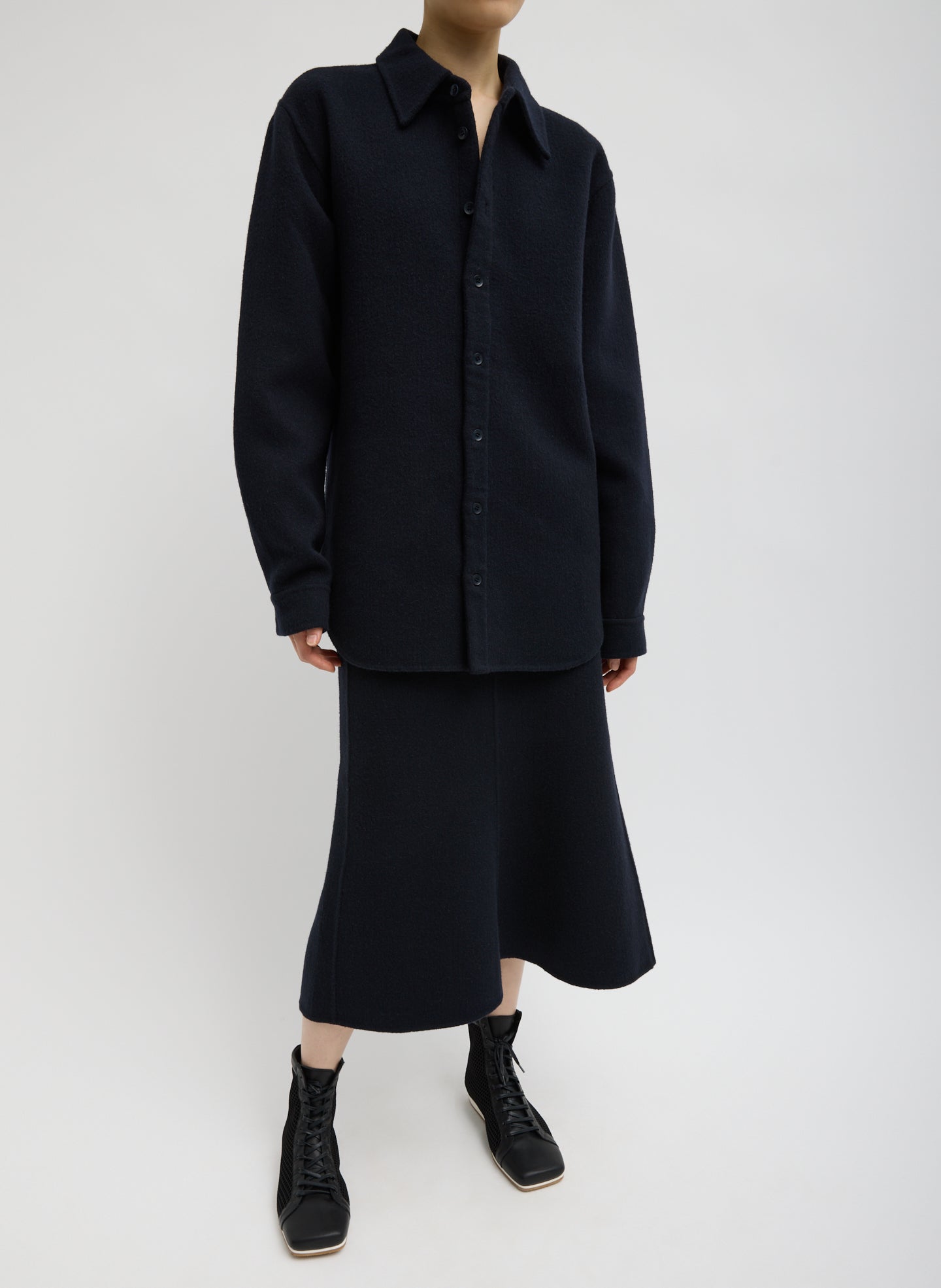 Navy Luxe Double Faced Wool Angora Sculpted Skirt - front view on model