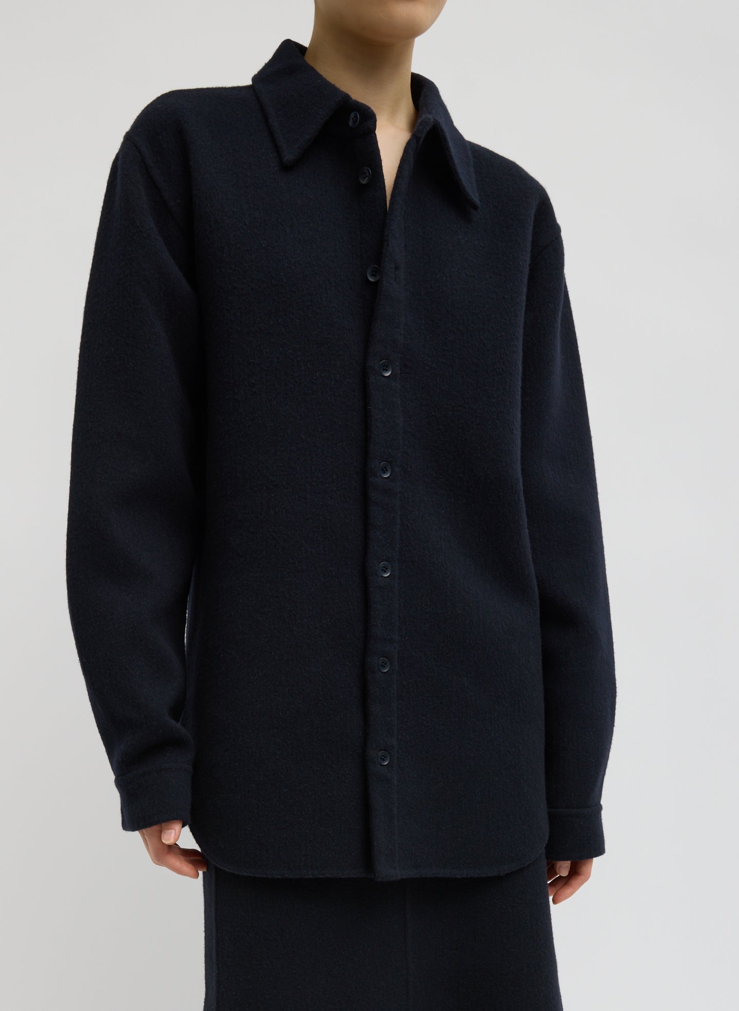 Navy Luxe Double Faced Wool Angora Easy Shirt - button down top, front view on model