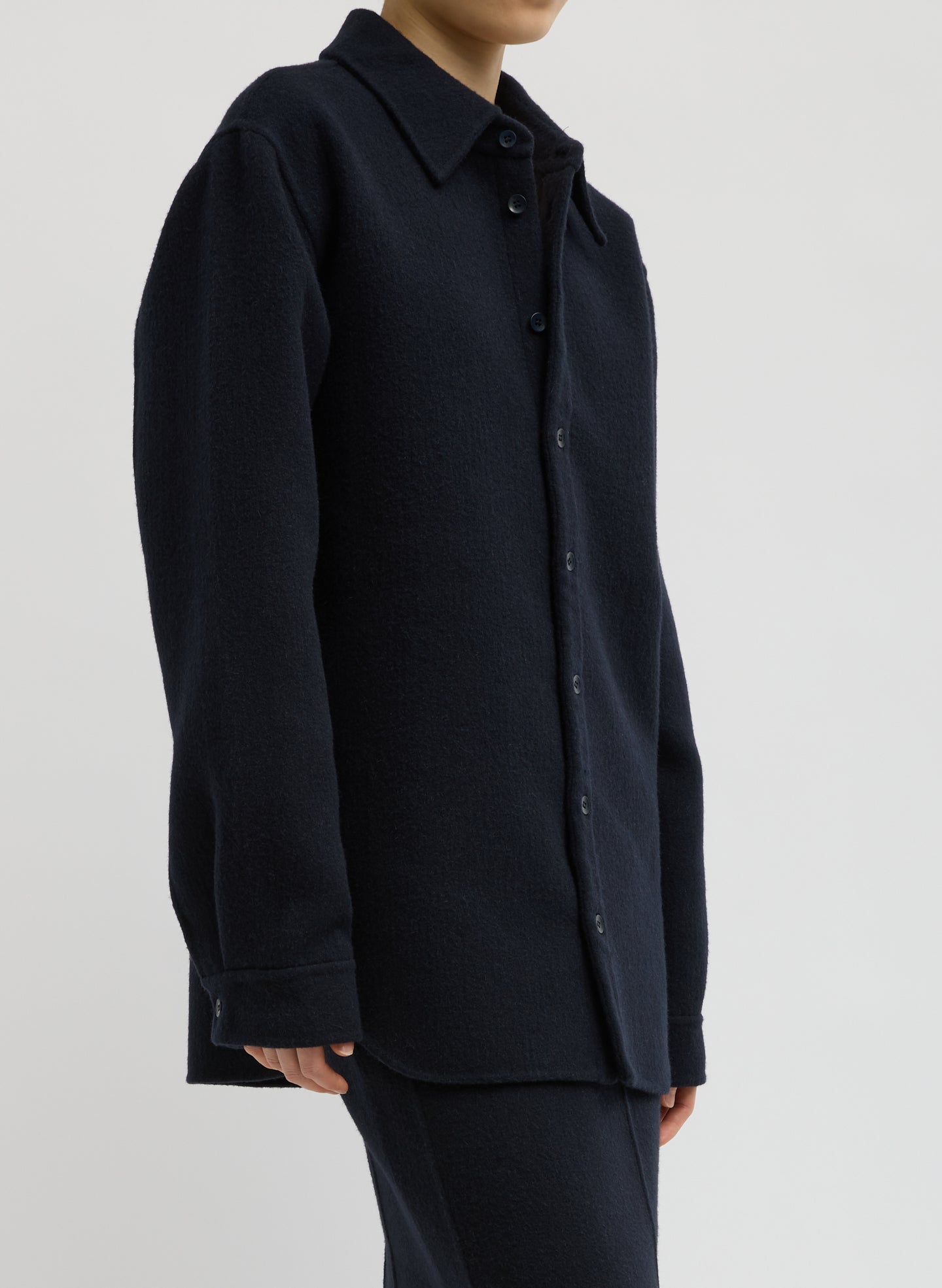 Navy Luxe Double Faced Wool Angora Easy Shirt - button down top, side view on model