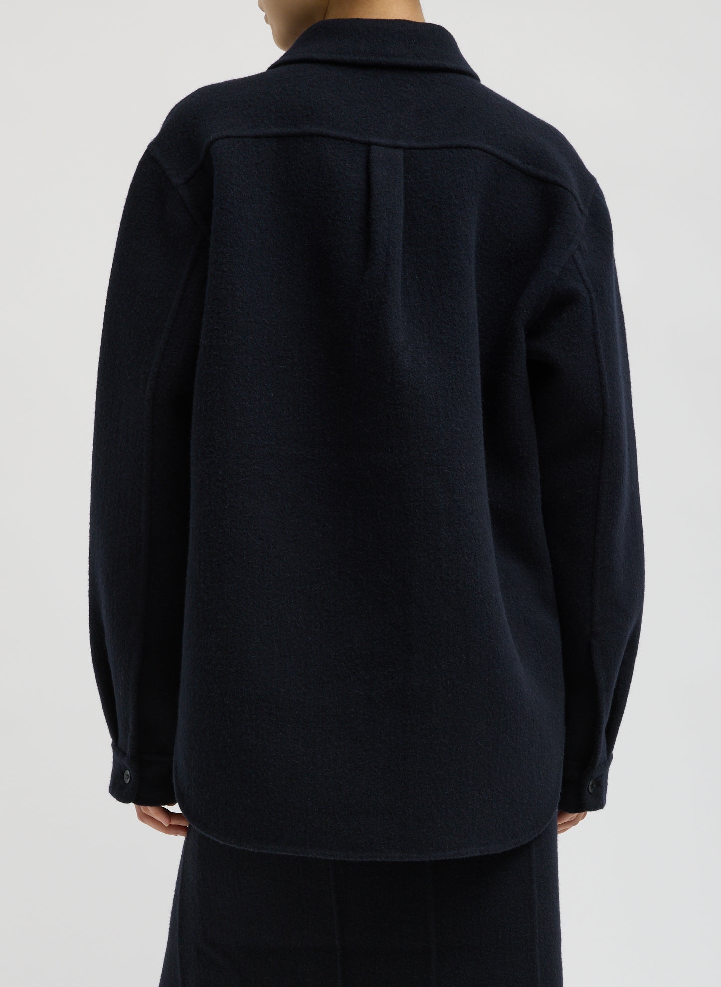 Navy Luxe Double Faced Wool Angora Easy Shirt - button down top, back view on model
