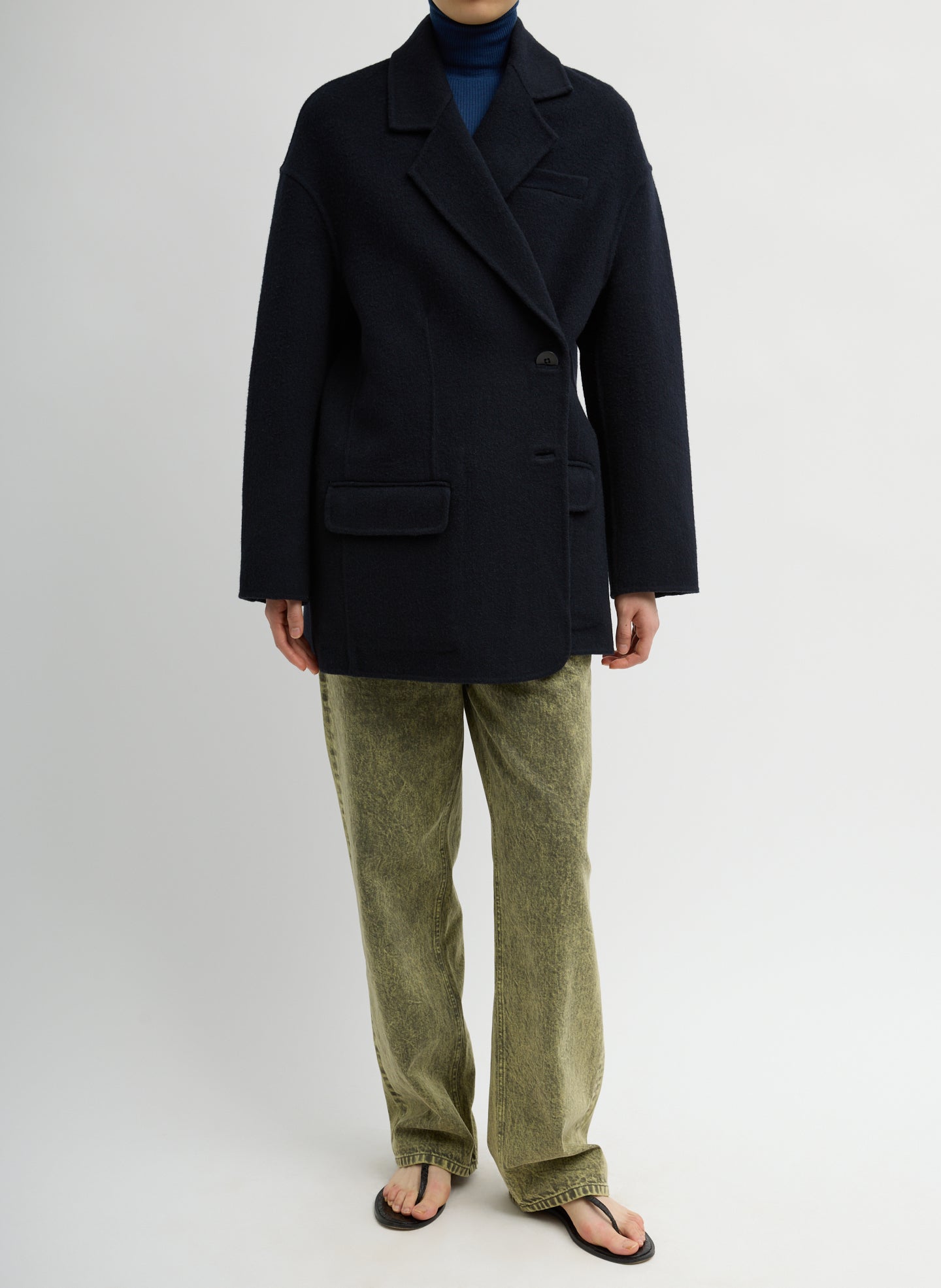 Navy Luxe Double Faced Wool Angora Liam Blazer - full look, front view on model