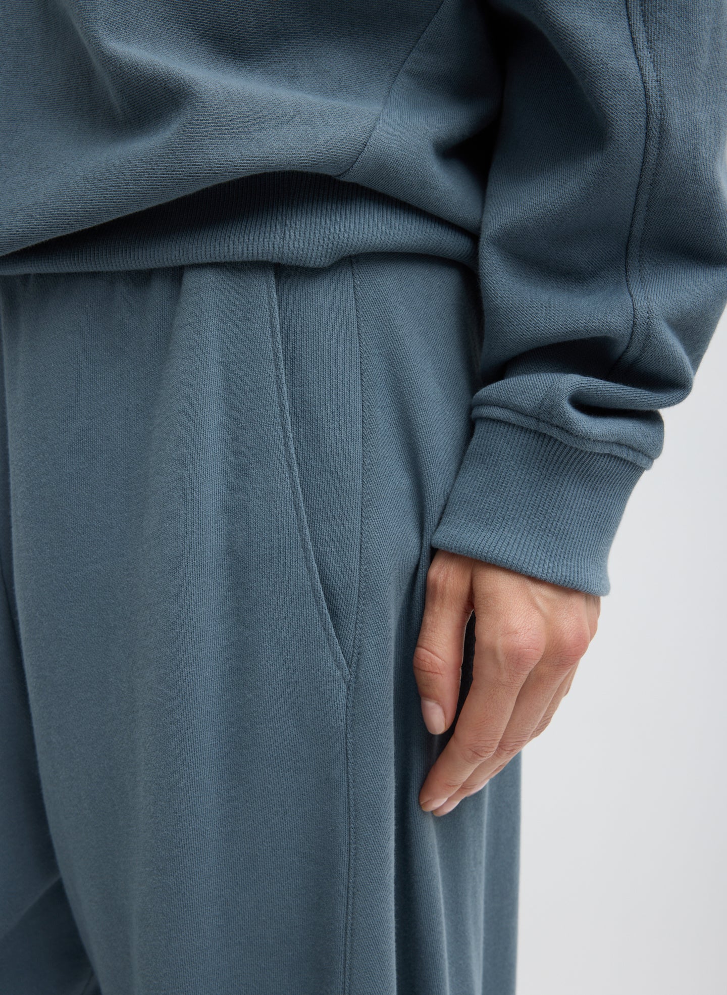 Blue Grey Light Weight Sweatshirting Winslow Pant - closeup of pocket detail