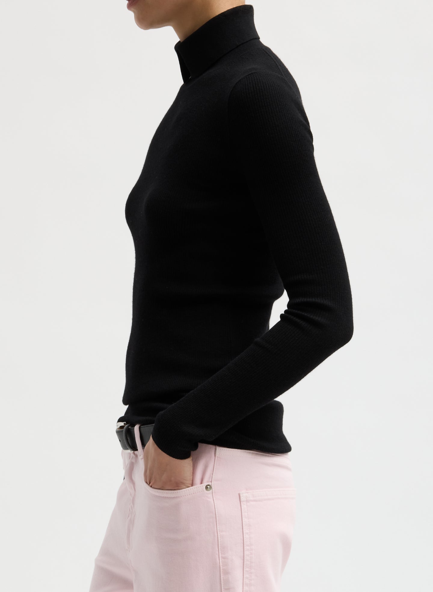 Black Feather Weight Ribbed Split Neck Turtleneck - side view on model
