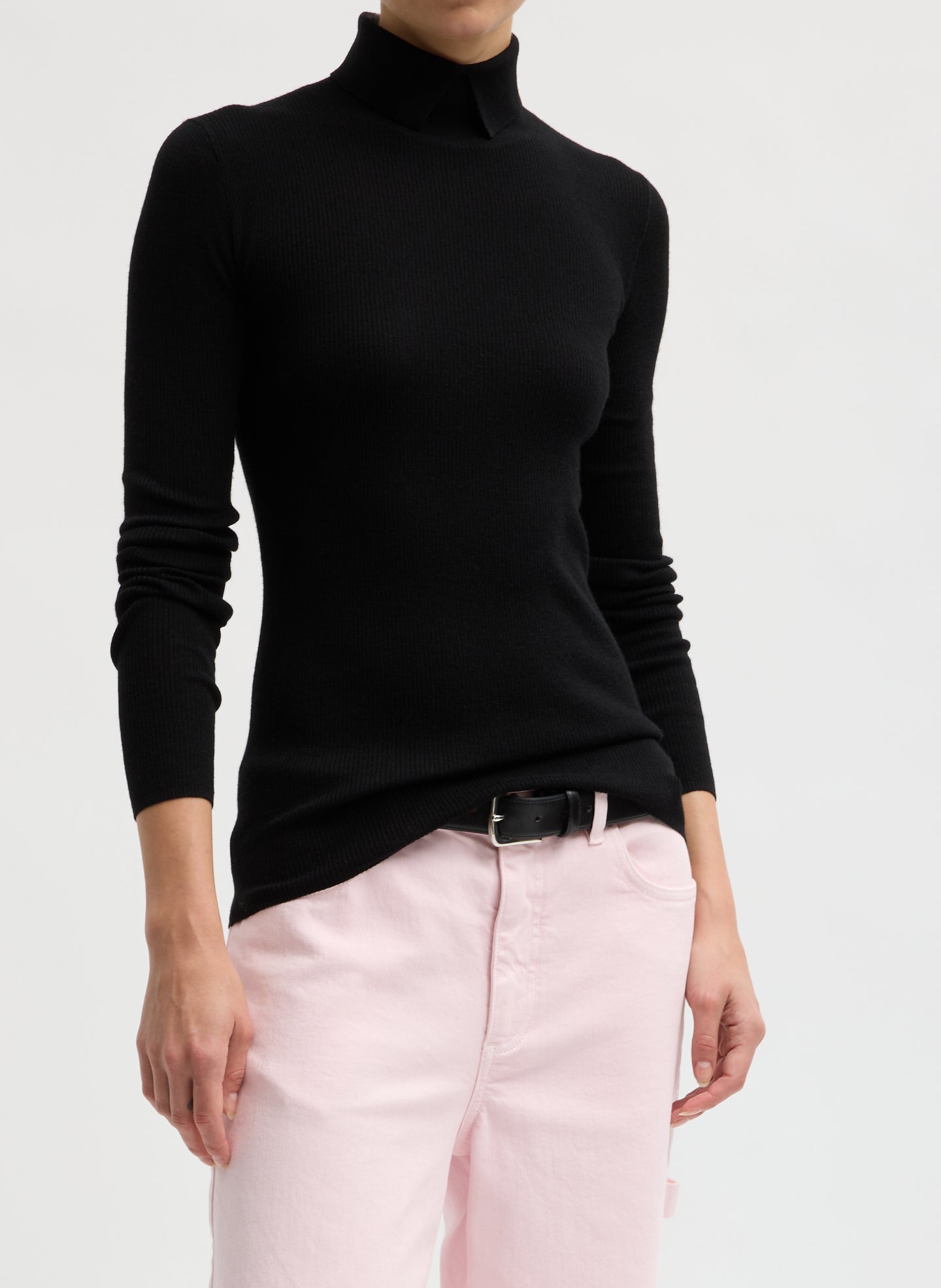 Black Feather Weight Ribbed Split Neck Turtleneck - front view on model