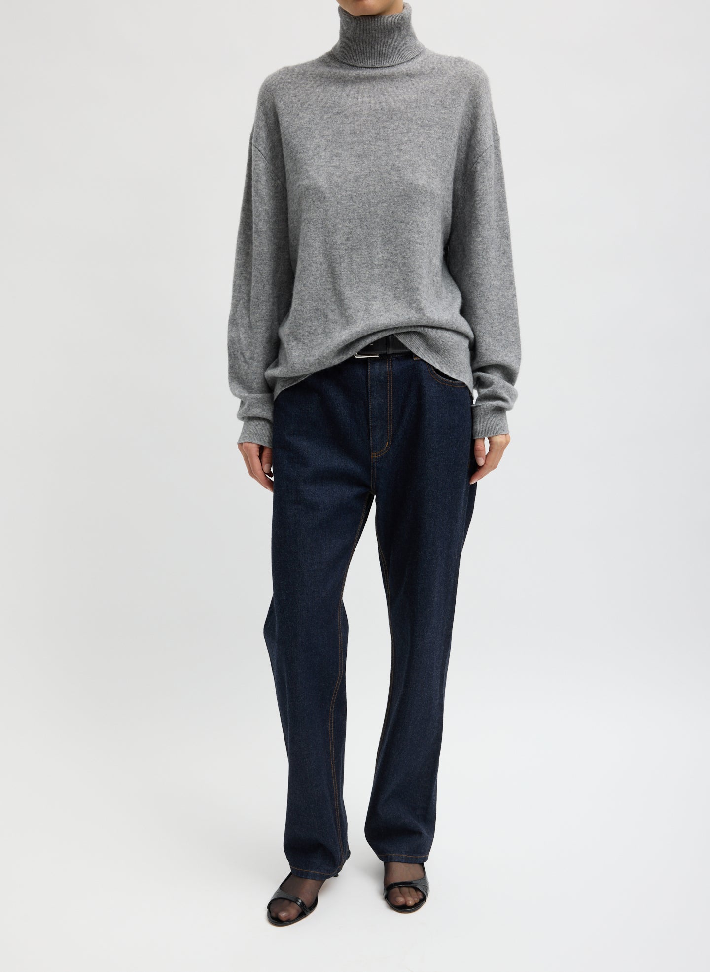 Heather Grey Washable Cashmere Turtleneck Sweater - full look, front view on model