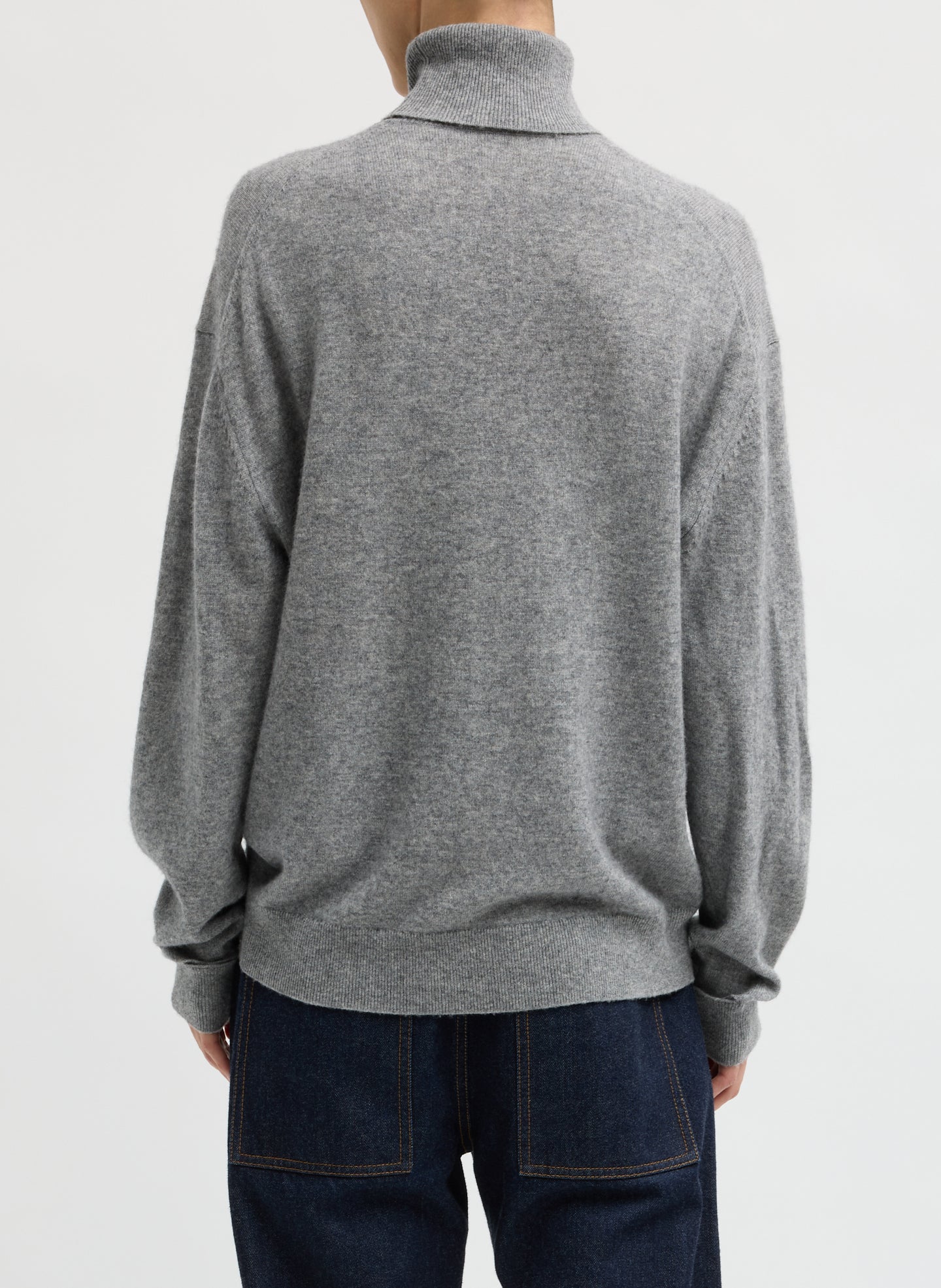 Heather Grey Washable Cashmere Turtleneck Sweater - oversized turtleneck, back view on model