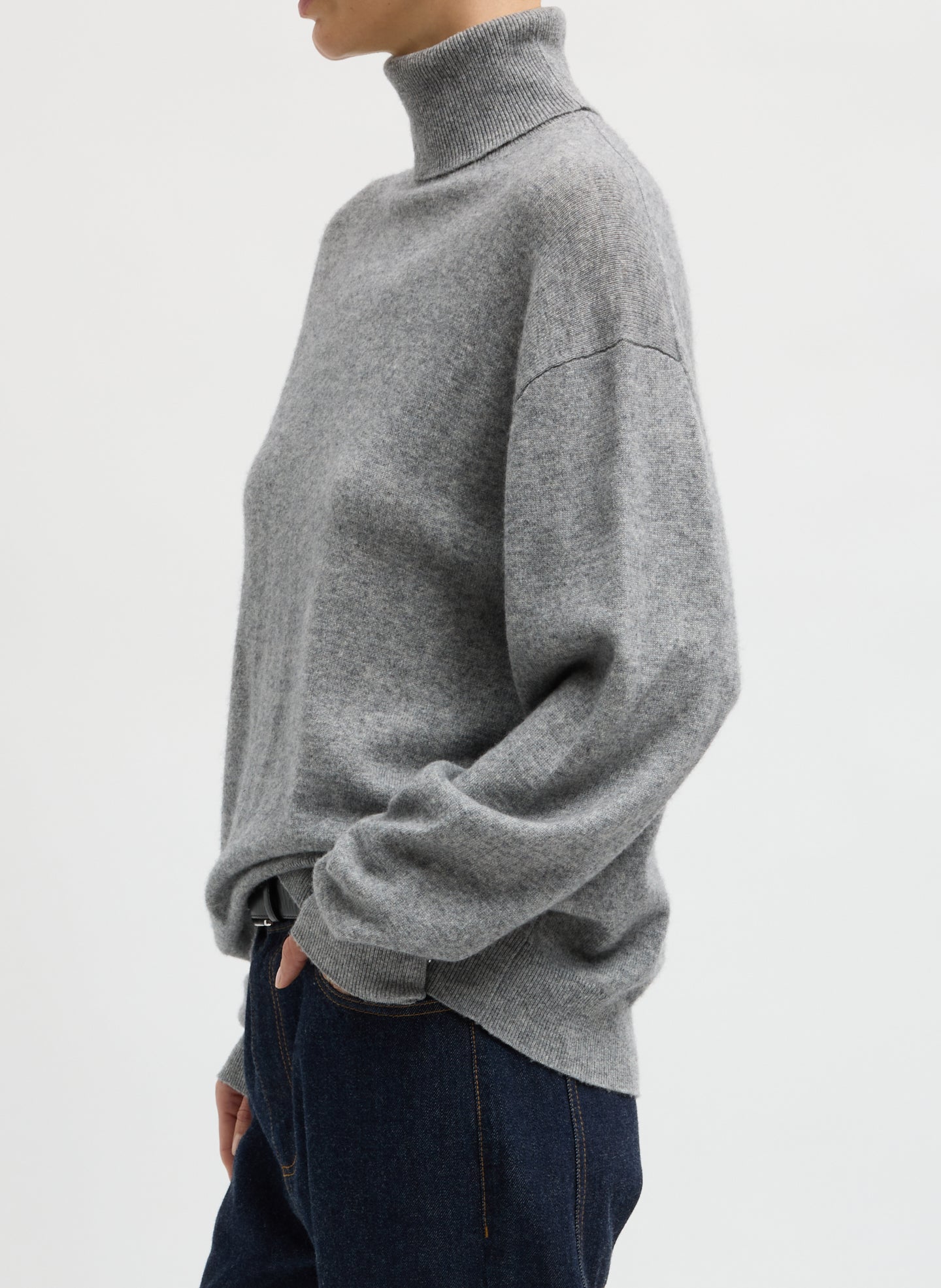 Heather Grey Washable Cashmere Turtleneck Sweater - oversized turtleneck, side view on model