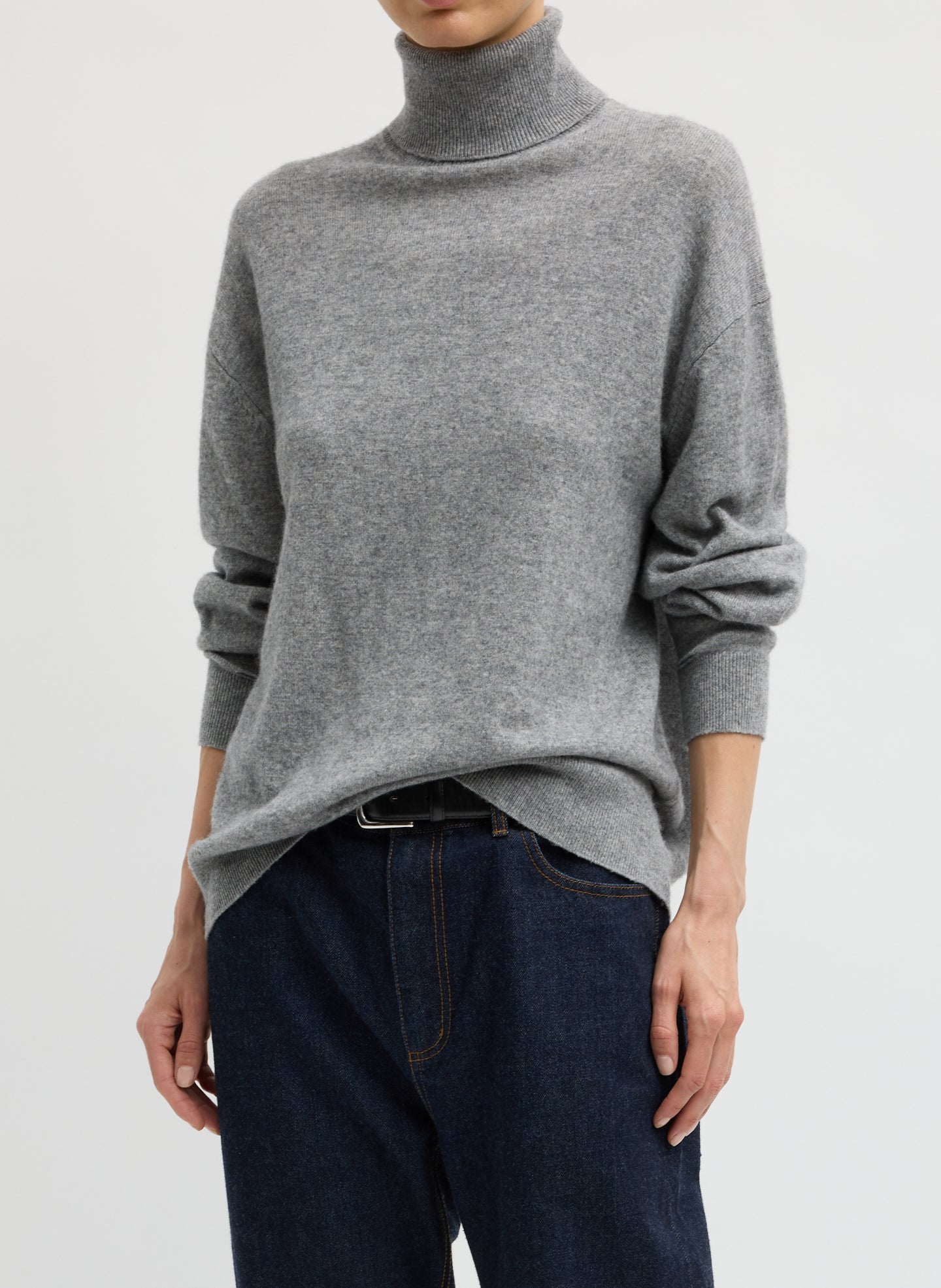 Heather Grey Washable Cashmere Turtleneck Sweater - oversized turtleneck, front view on model