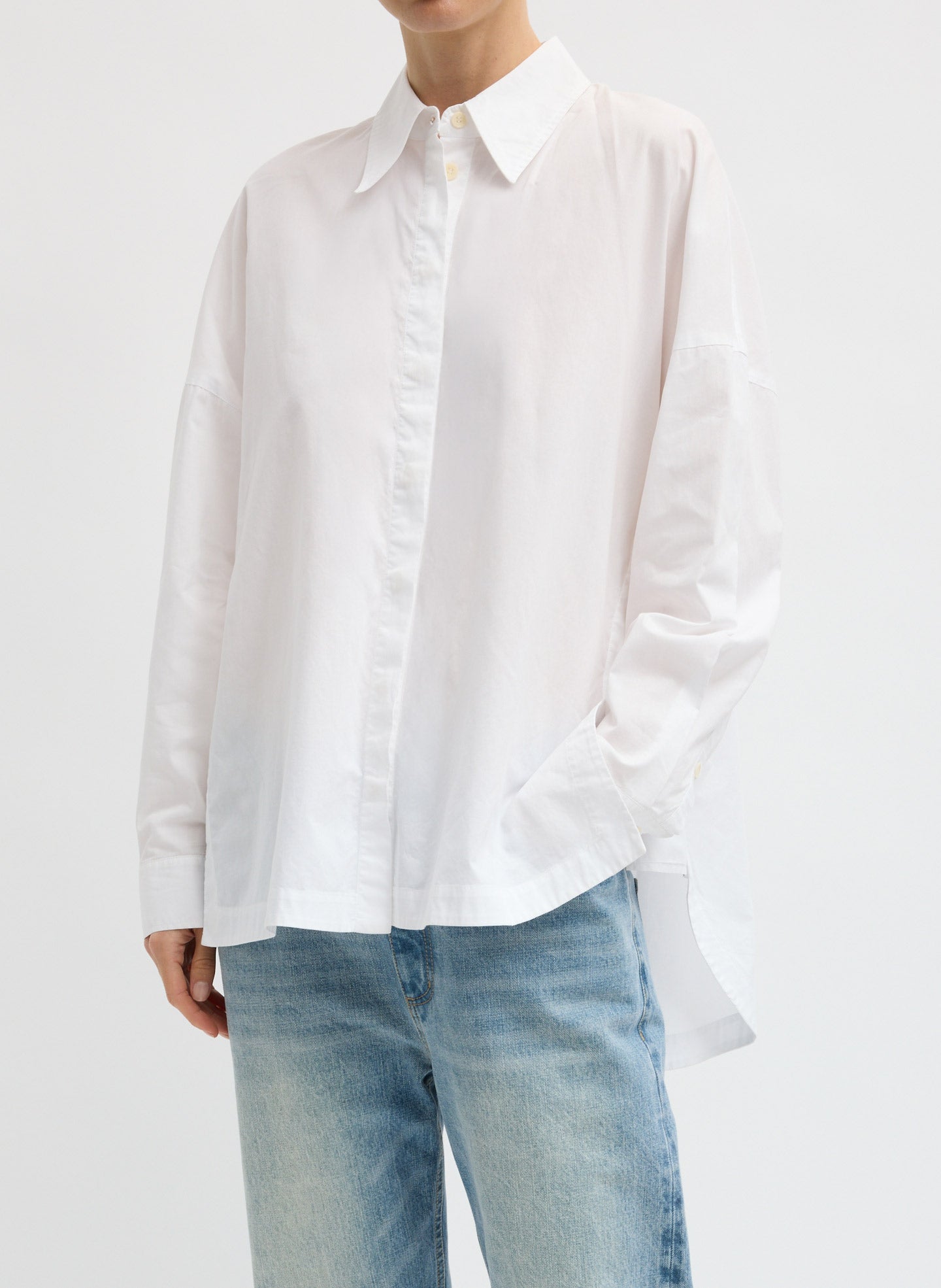 White Gabe Shirt - oversized button down top, front view on model