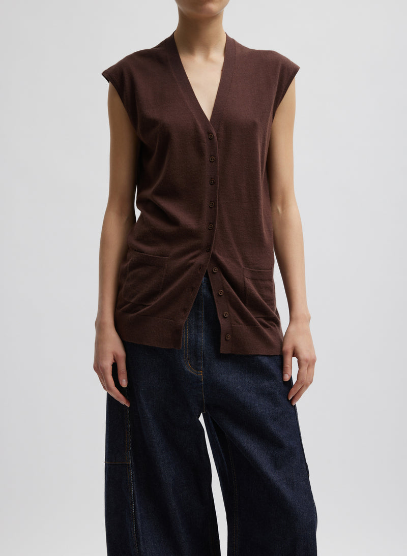 Cashmere Silk Blend Sleeveless Button Down Sweater Hickory-1