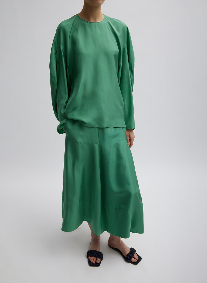 Silk Habutai Circular Seamed Skirt Green Tea-1
