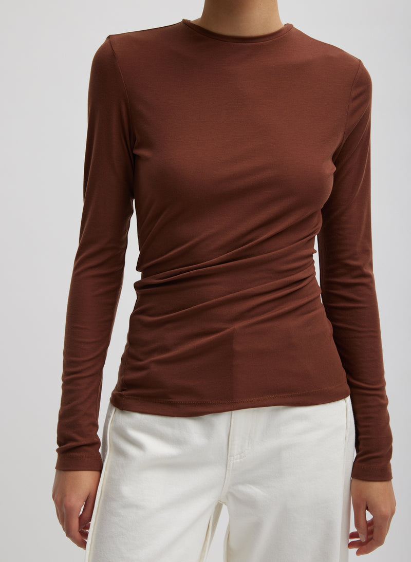 Tencel Knit Twisted Seam Long Sleeve T-Shirt Brown-1
