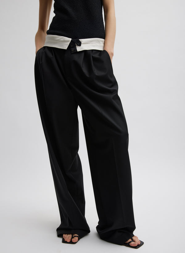 Recycled Tropical Wool Fold Over Pant - Black-1