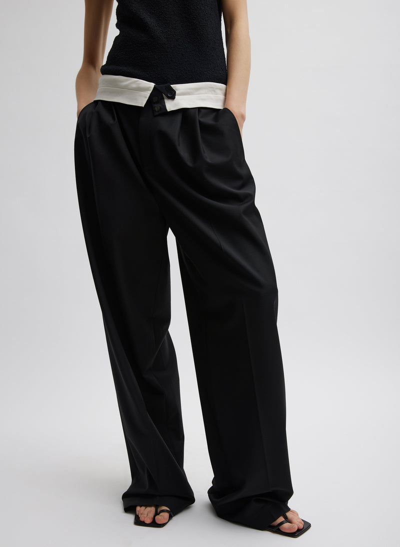 Recycled Tropical Wool Fold Over Pant Black-1