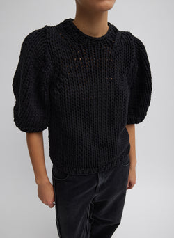 Deluxe Tube Yarn Sweater Mini Puff Pullover Black-1