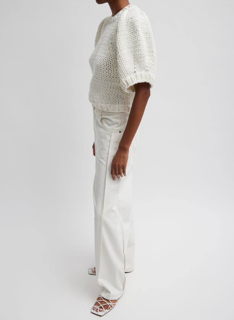 Deluxe Tube Yarn Sweater Mini Puff Pullover White-4