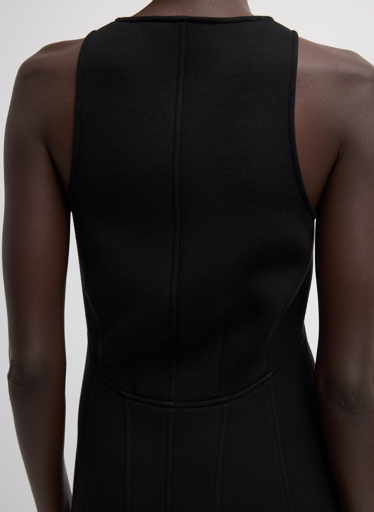 Black Bonded Viscose Sculpted Sleeveless Tunic - closeup of back