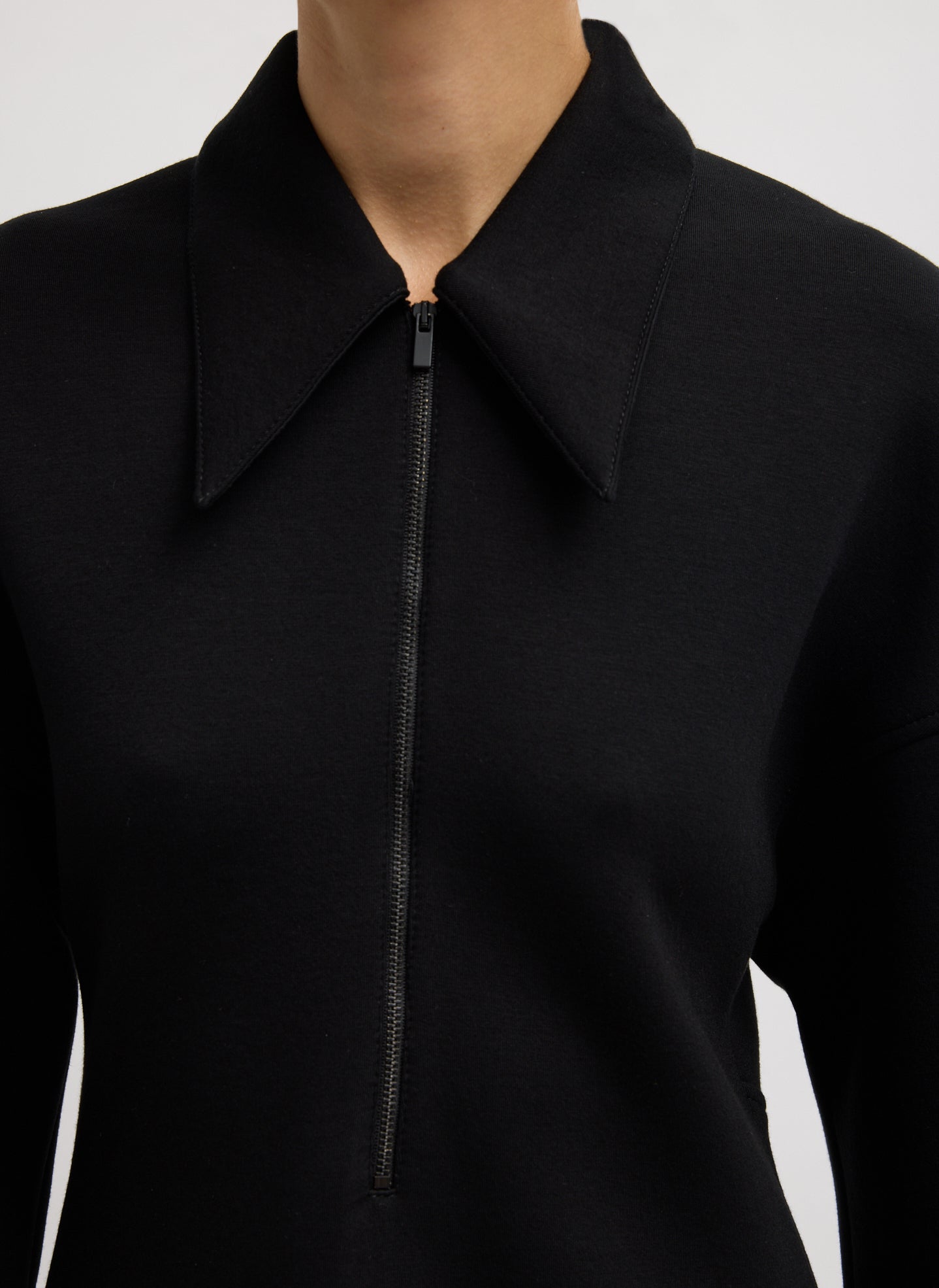 Black Bonded Viscose Zip Front Short Sleeve Slim Tunic - closeup of neckline