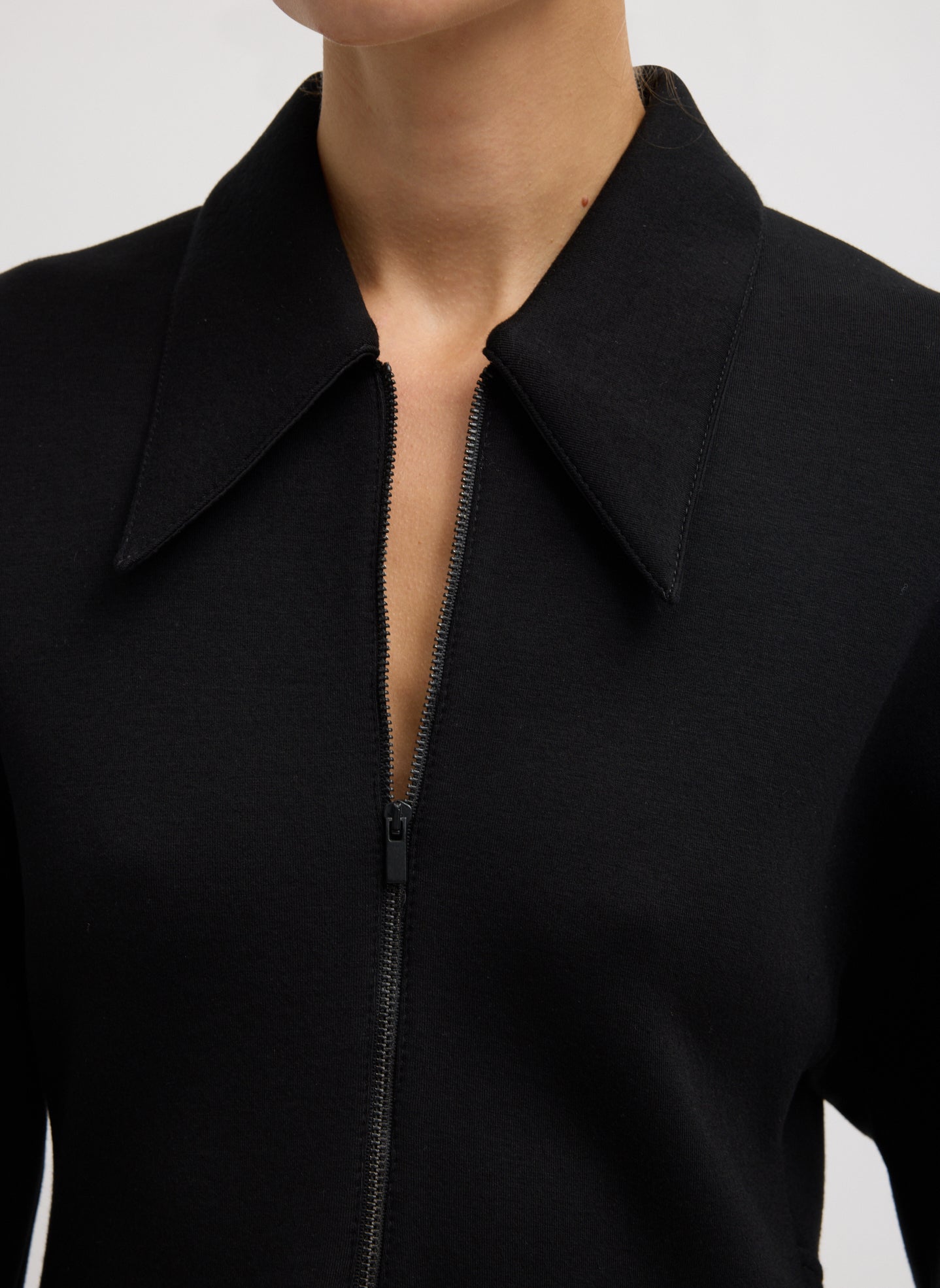 Black Bonded Viscose Zip Front Short Sleeve Slim Tunic - unzipped neckline