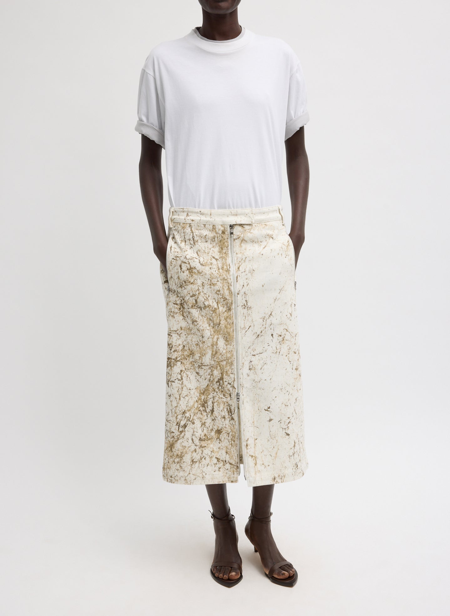 Calcimin Denim Midi Trouser Zip Skirt - front view on model