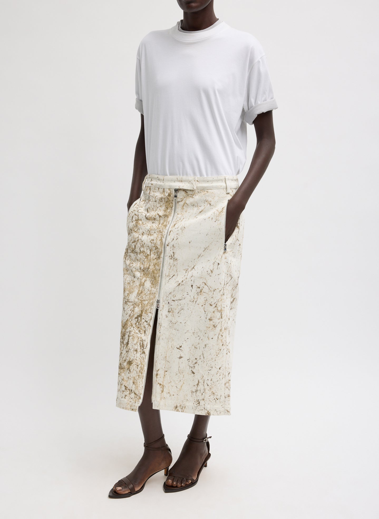 Calcimin Denim Midi Trouser Zip Skirt - front view on model