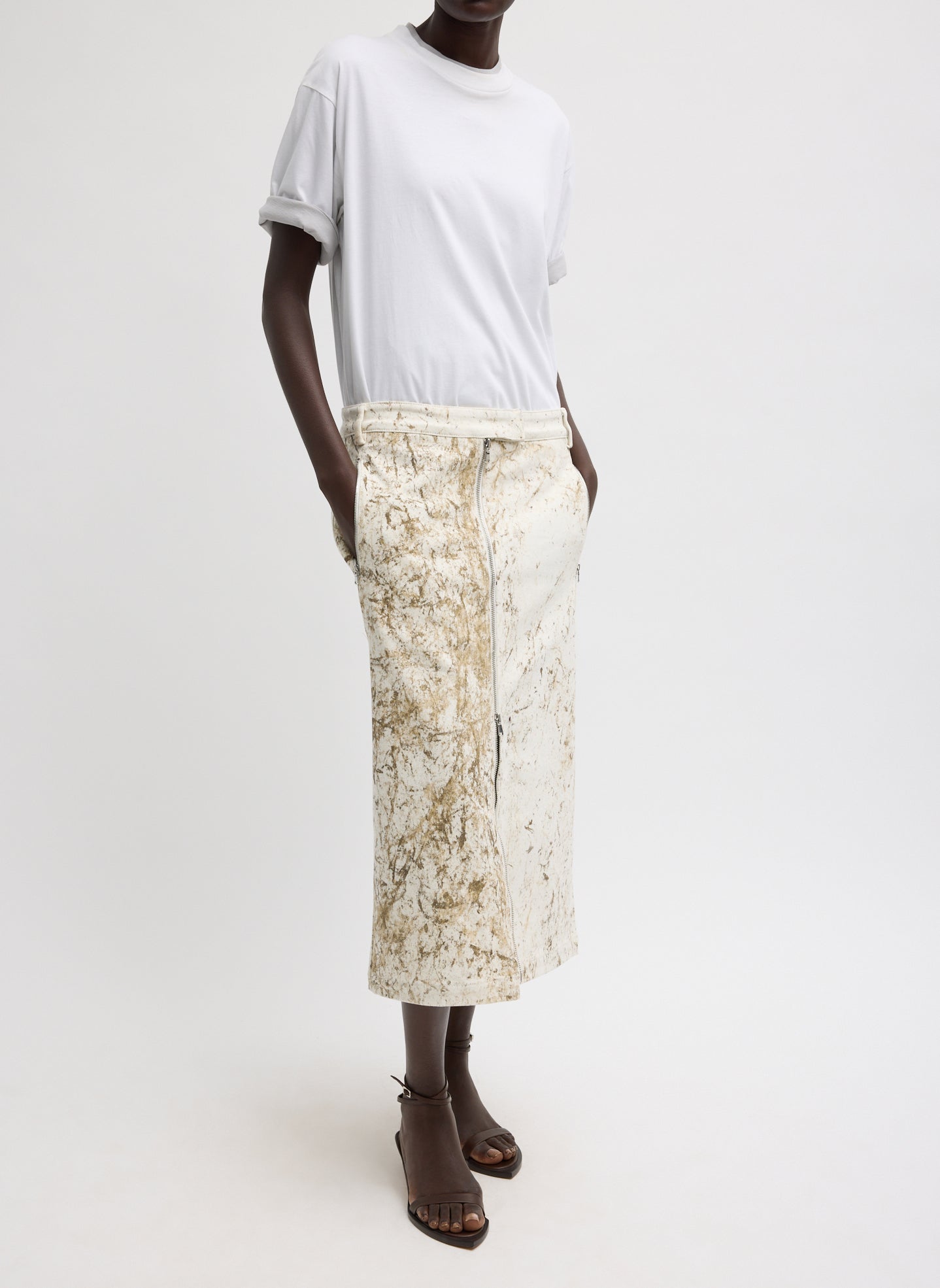 Calcimin Denim Midi Trouser Zip Skirt - front view on model