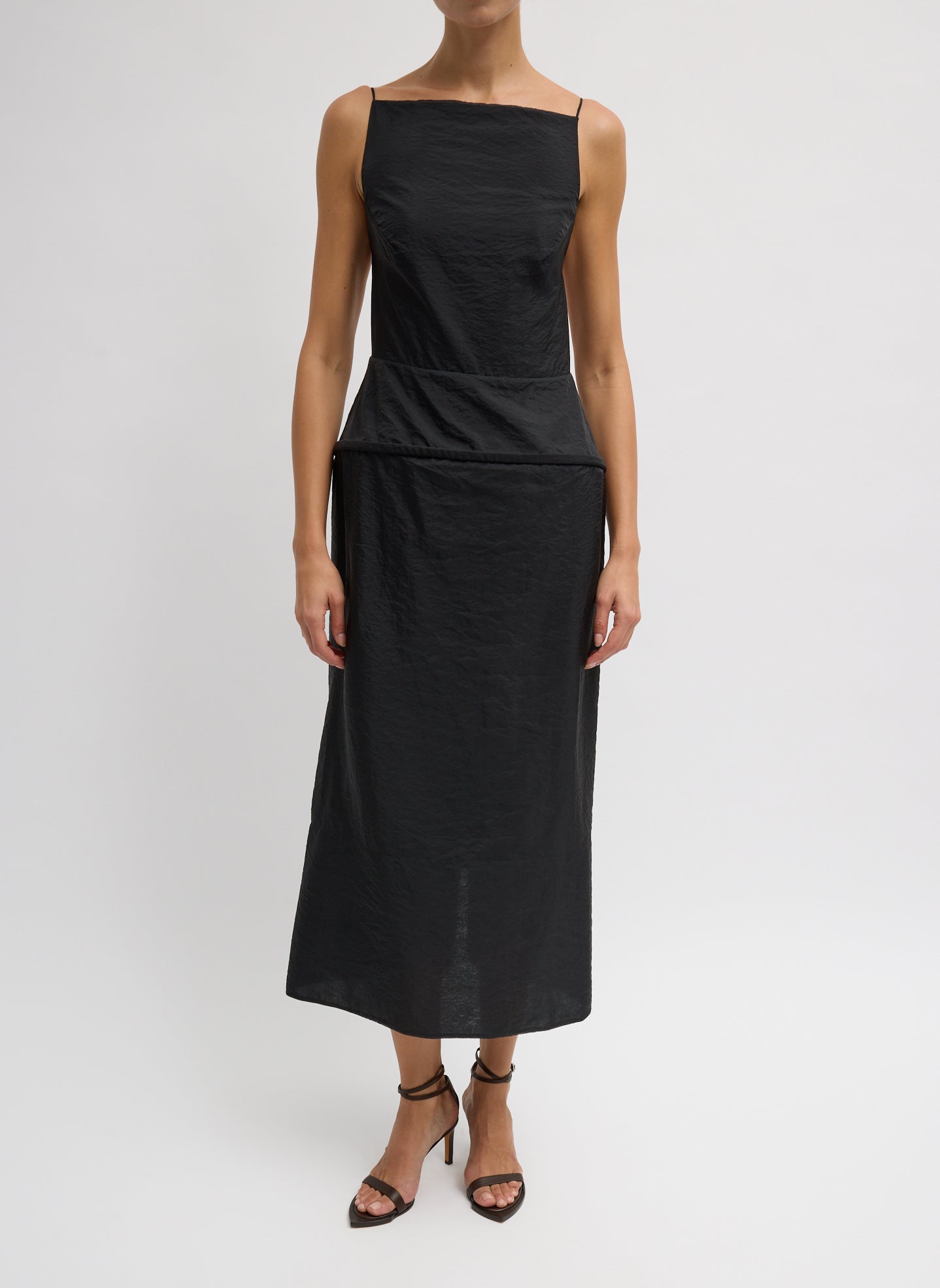Black Chassis Hoop Strappy Dress - straight neck sleeveless dress, front view on model