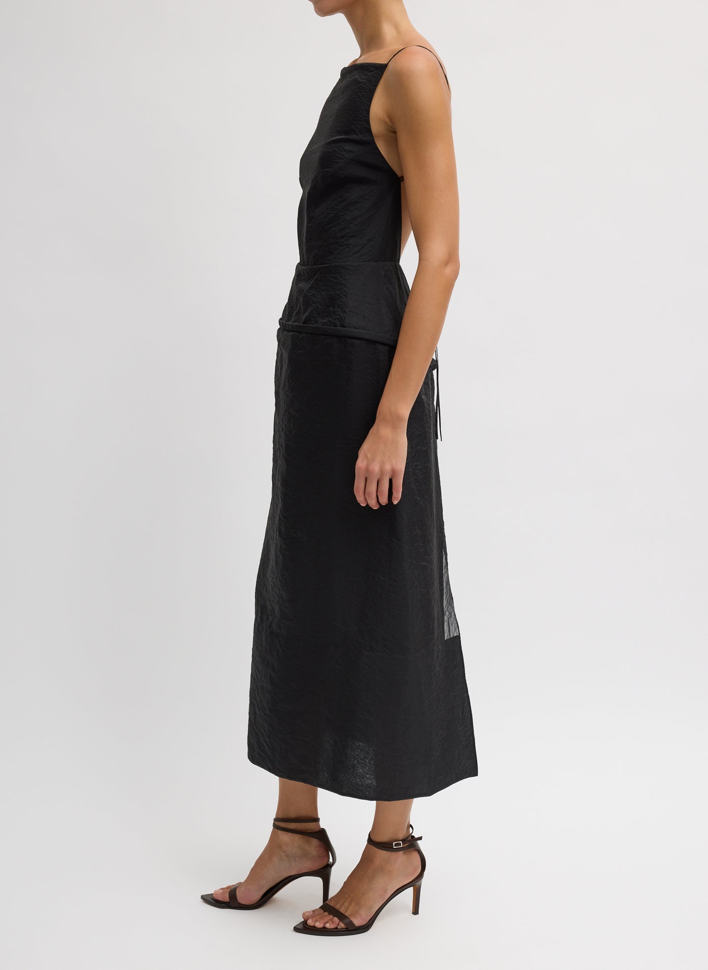 Black Chassis Hoop Strappy Dress - straight neck sleeveless dress, side view on model