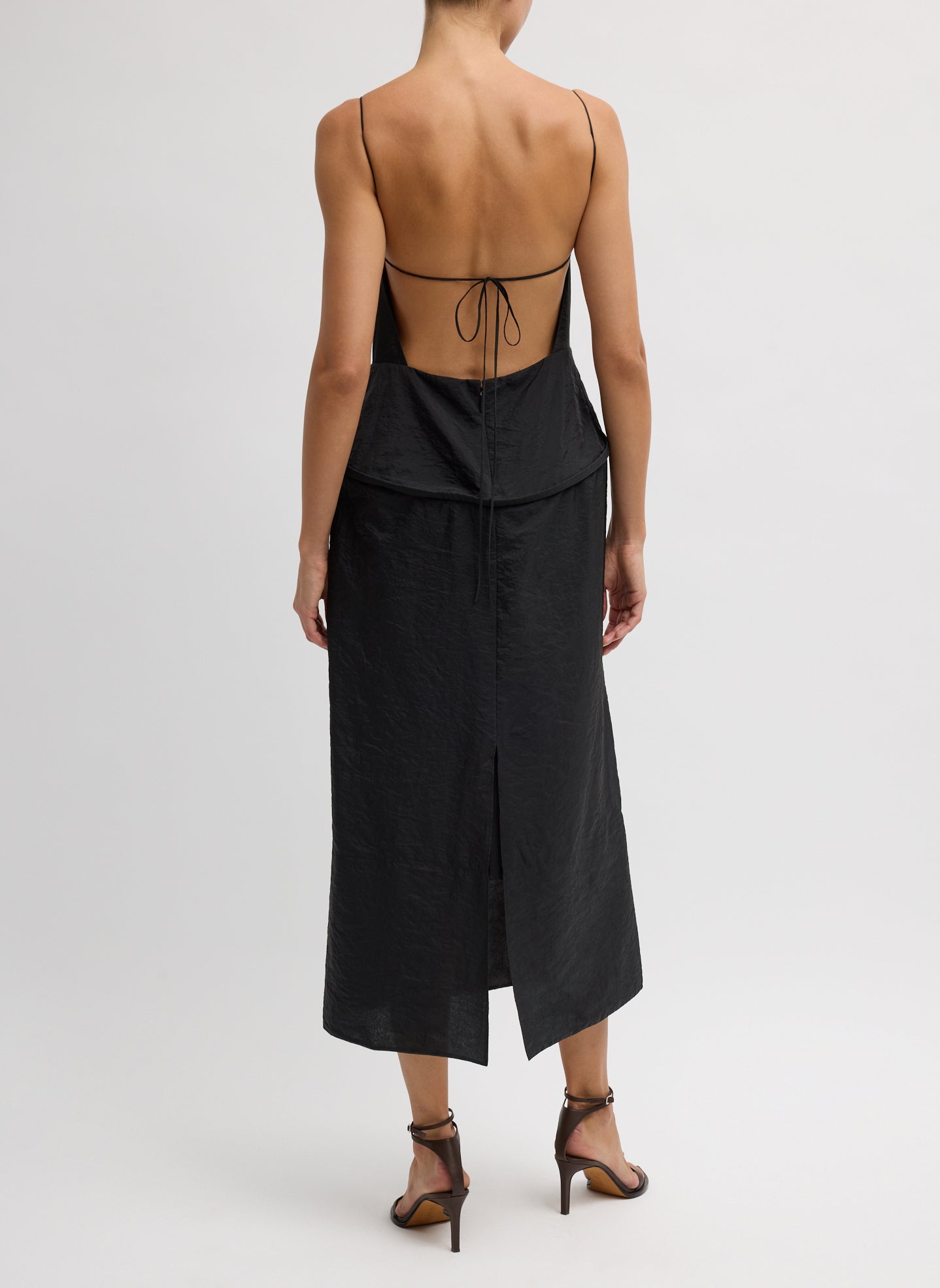 Black Chassis Hoop Strappy Dress - straight neck sleeveless dress, back view on model