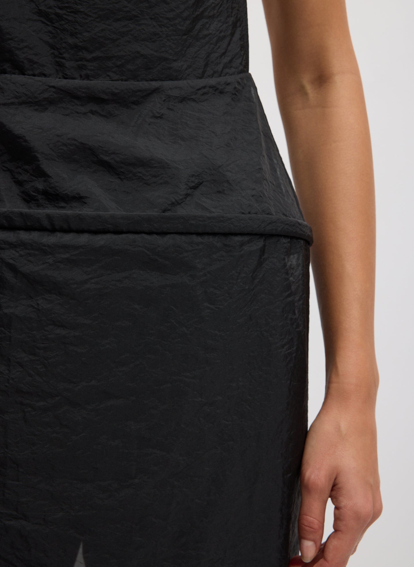 Black Chassis Hoop Strappy Dress - closeup on crinkled fabric and hoop detail