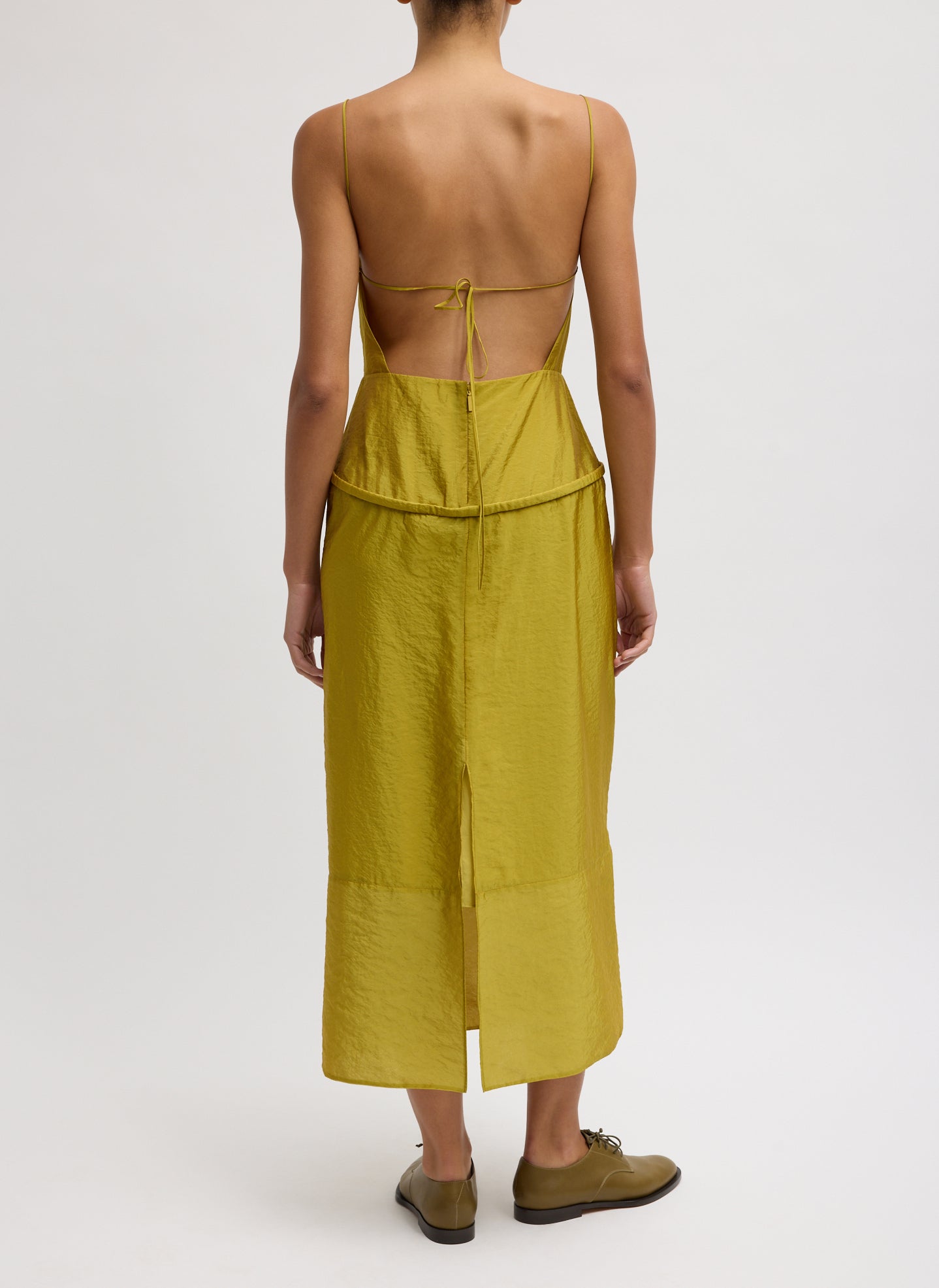 Dijon Chassis Hoop Strappy Dress - mustard yellow straight neck dress, back view on model