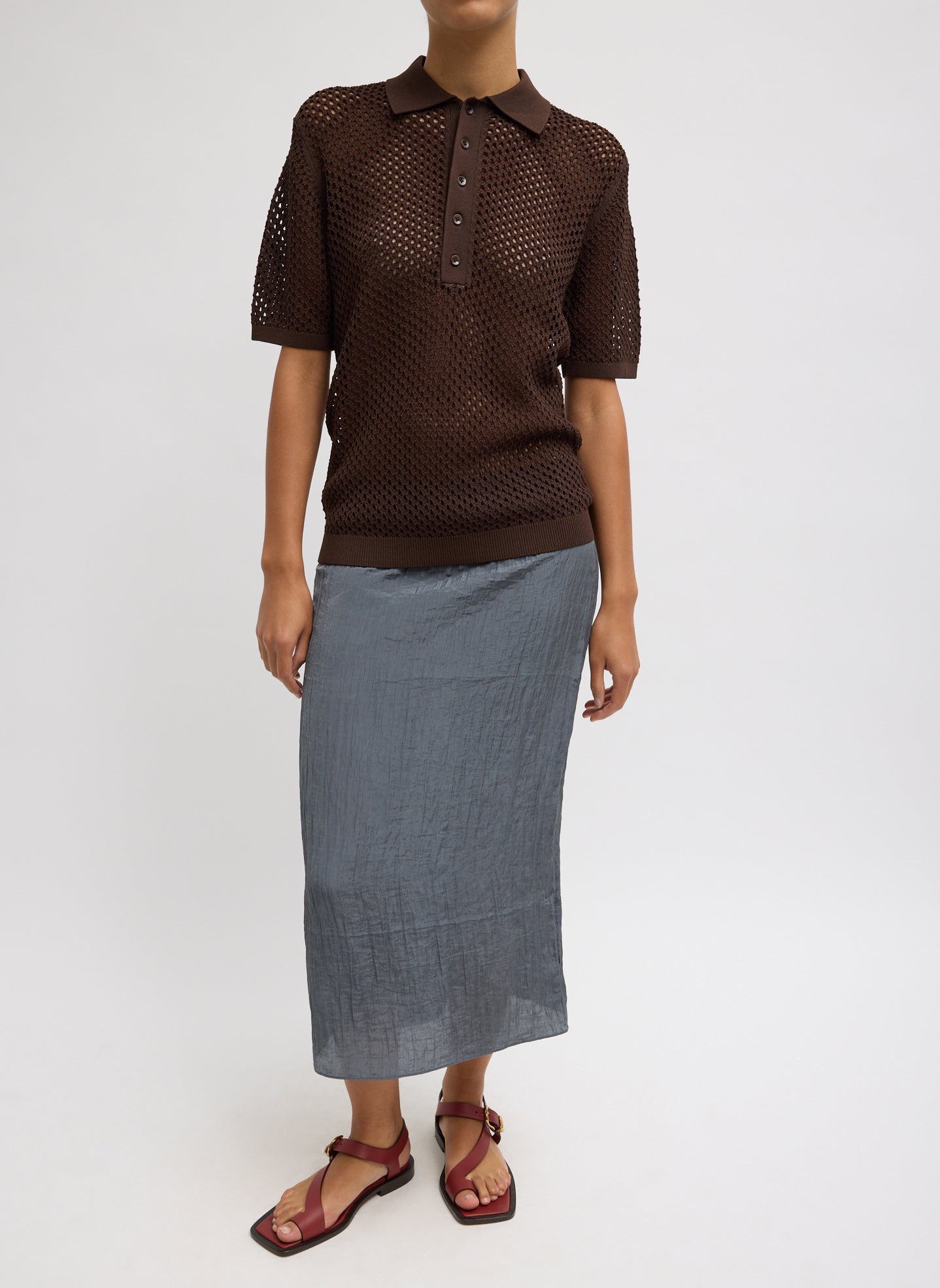 Hickory Brown Crochet Netting Slim Polo - short sleeve crochet polo, front view on model