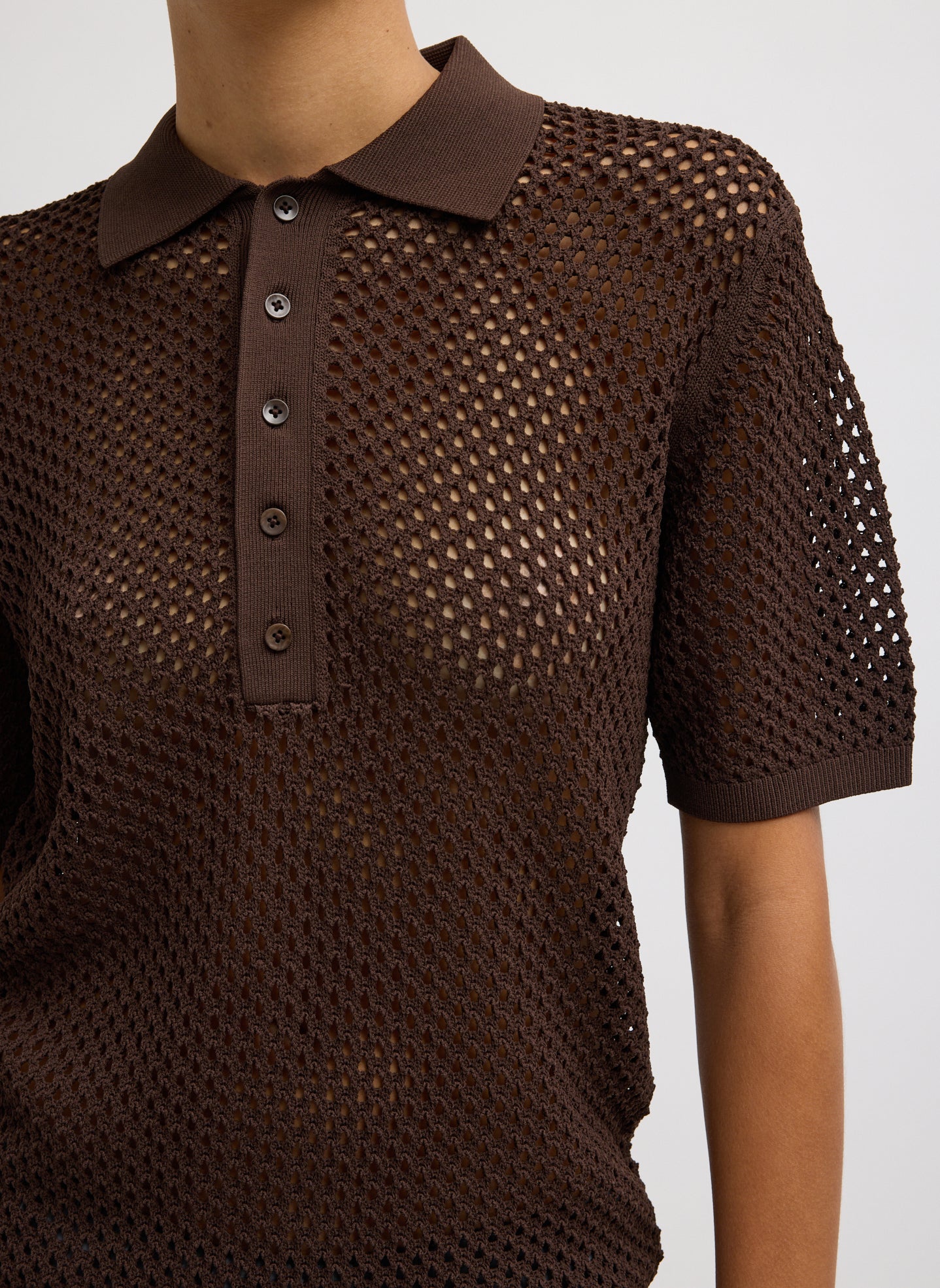 Hickory Brown Crochet Netting Slim Polo - closeup of crochet detail