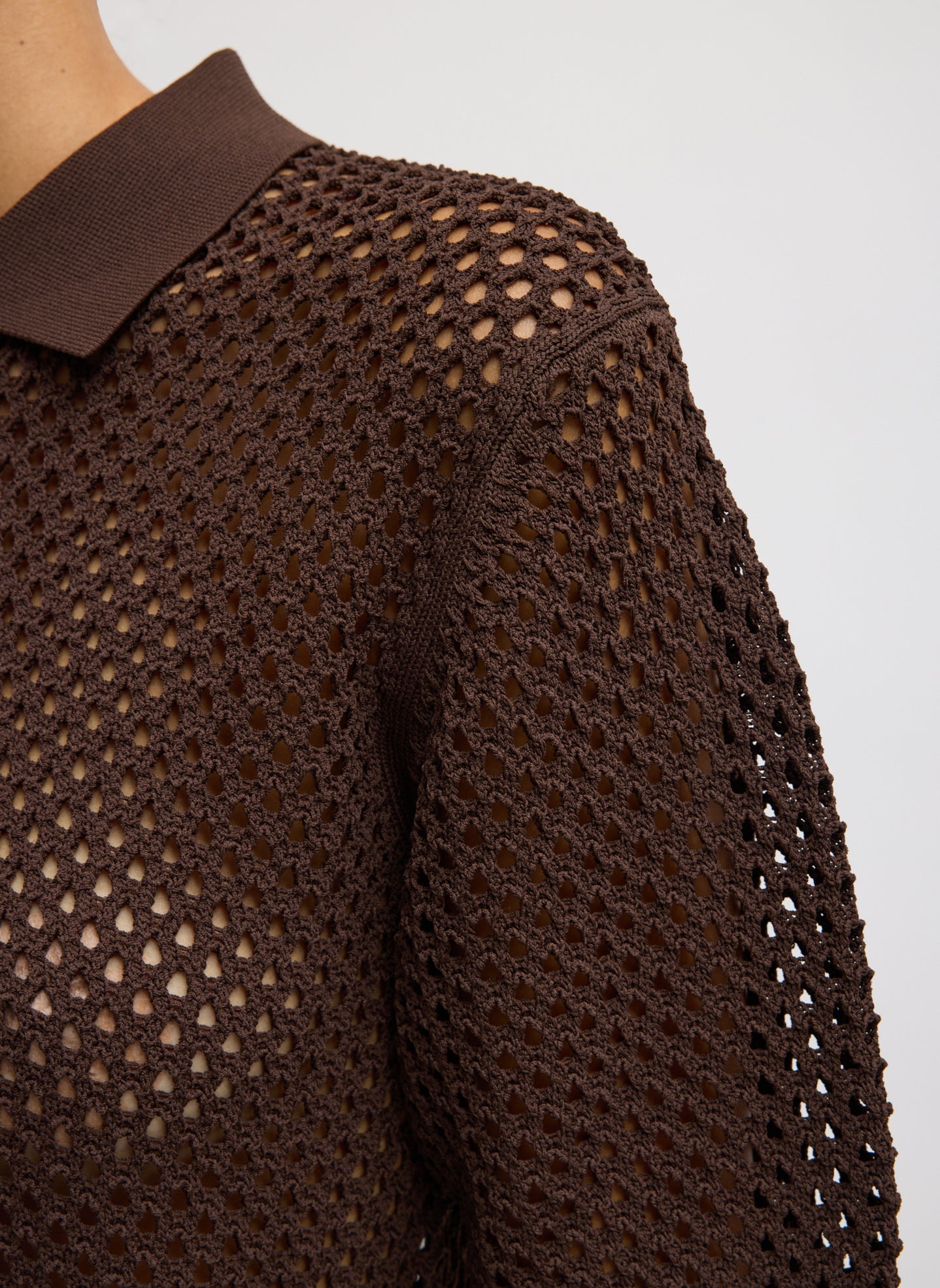 Hickory Brown Crochet Netting Slim Polo - closeup of crochet detail