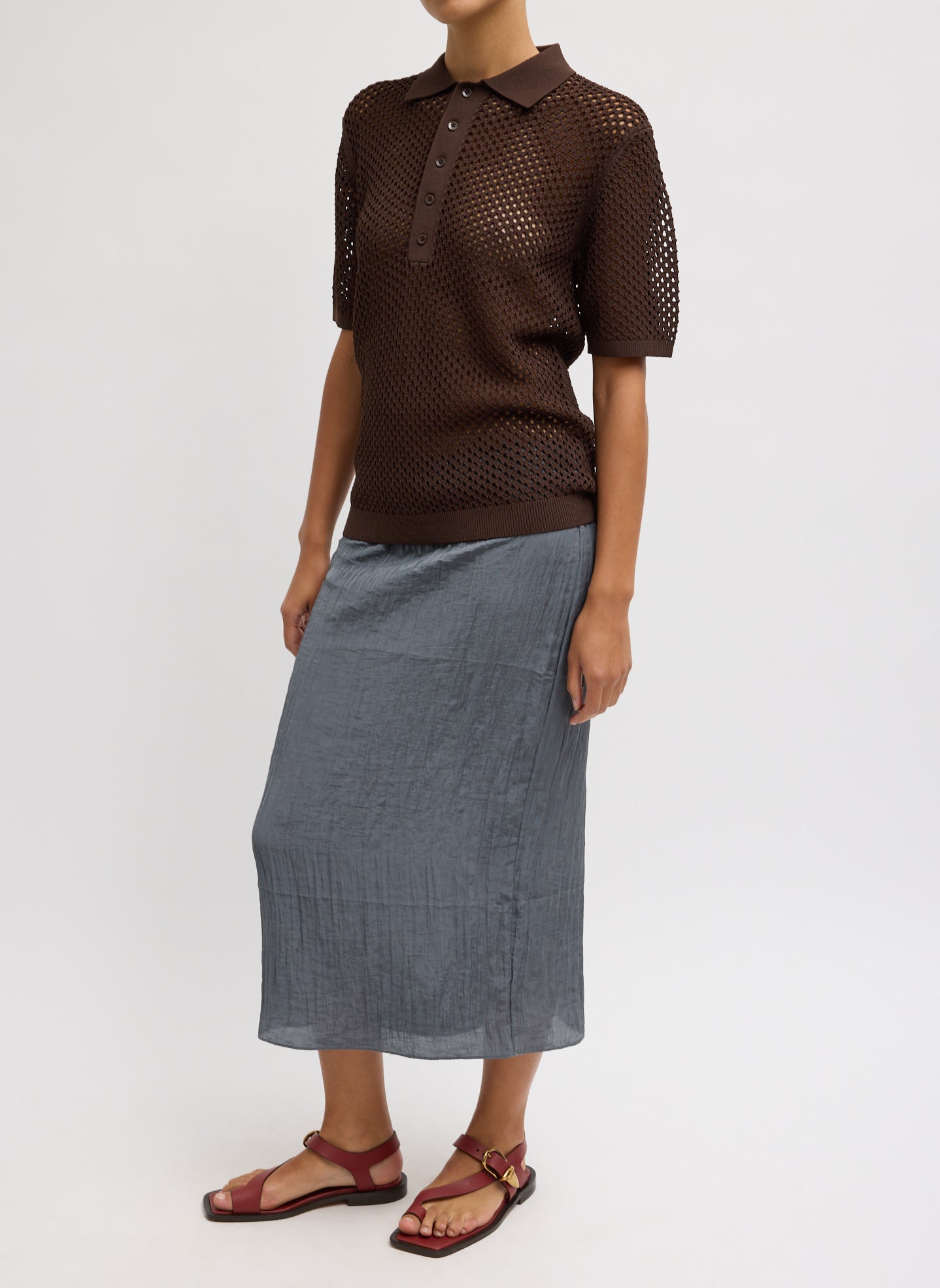 Hickory Brown Crochet Netting Slim Polo - short sleeve crochet polo, side view on model