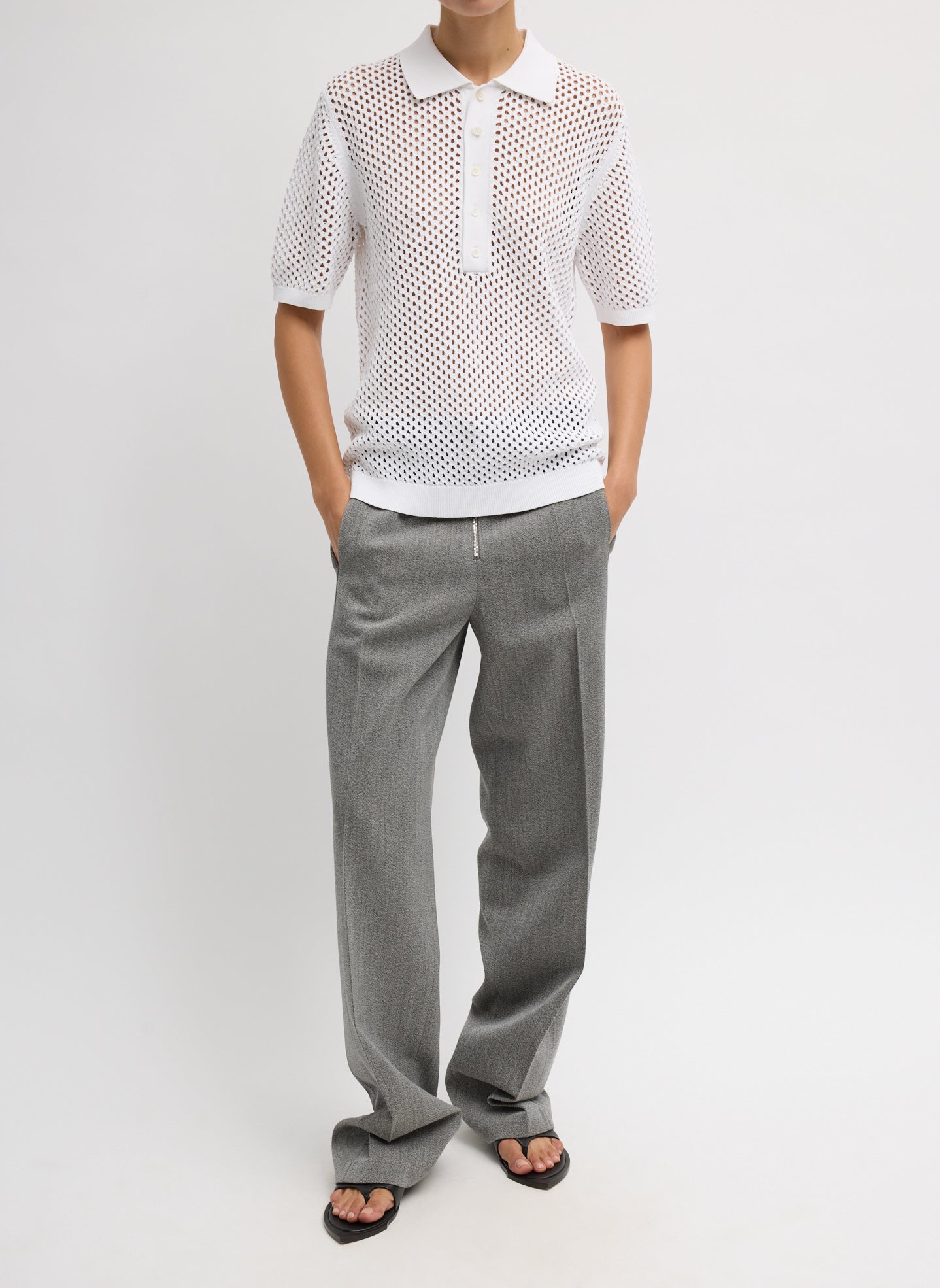 White Crochet Netting Slim Polo - full look, front view on model