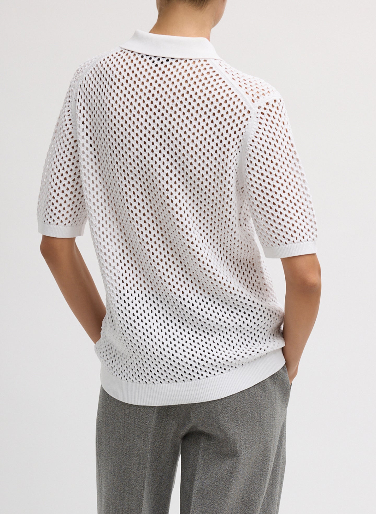 White Crochet Netting Slim Polo - short sleeve crochet polo, back view on model