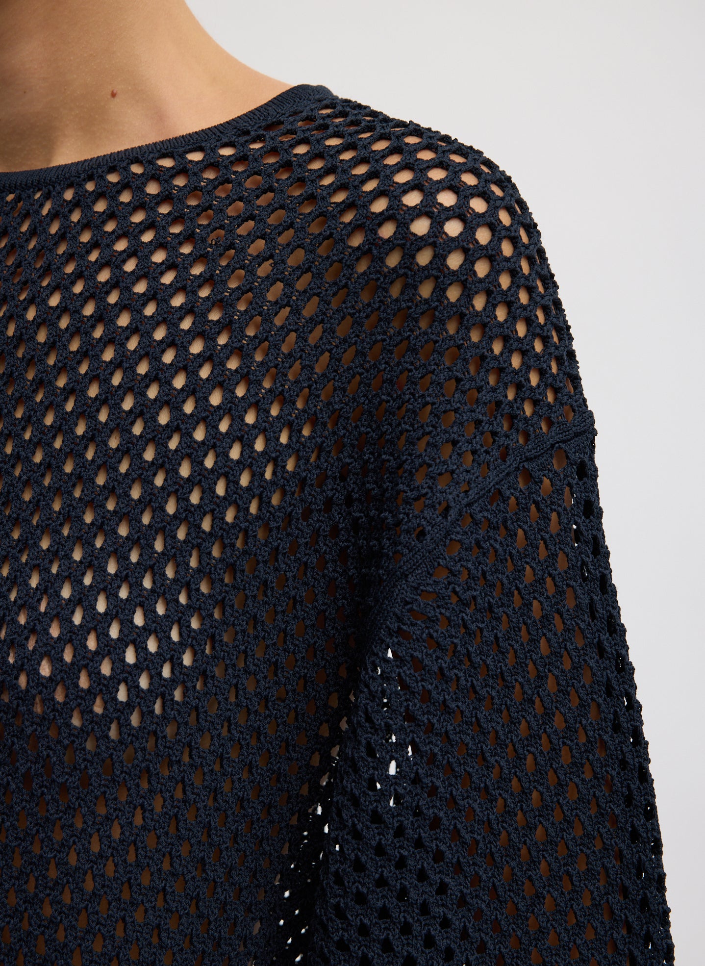 Navy Crochet Netting Oversized Easy T-Shirt - closeup of crochet detail