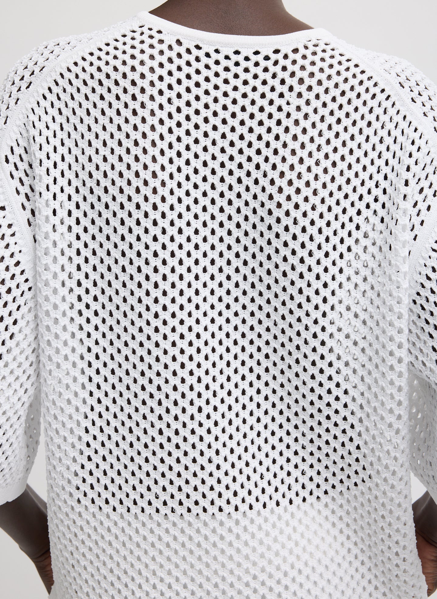 White Crochet Netting Oversized Easy T-Shirt - closeup of crochet detail at back
