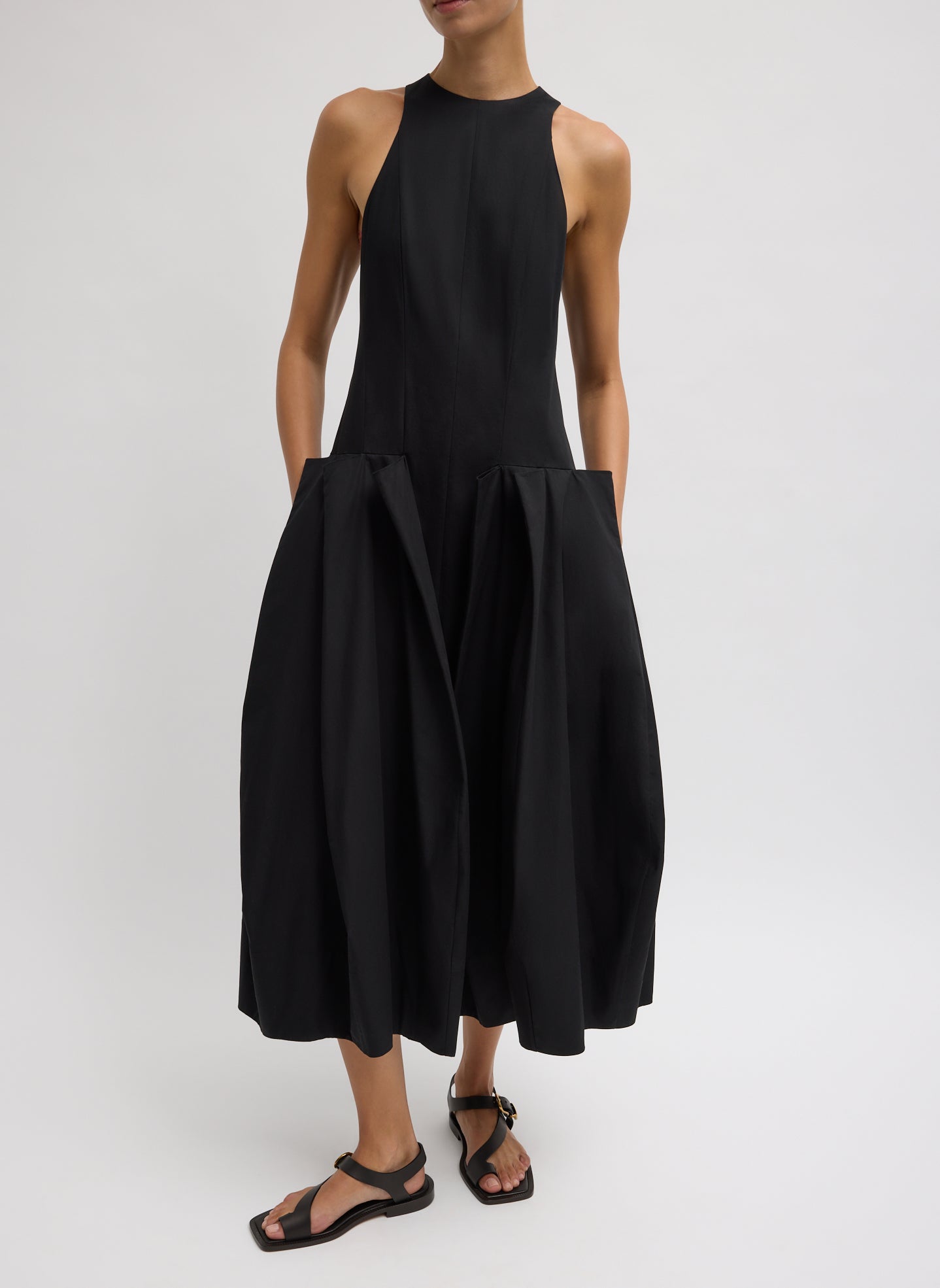 Black Compact Eco Poplin Pinched Pleat Dress - midi dress, front view on model