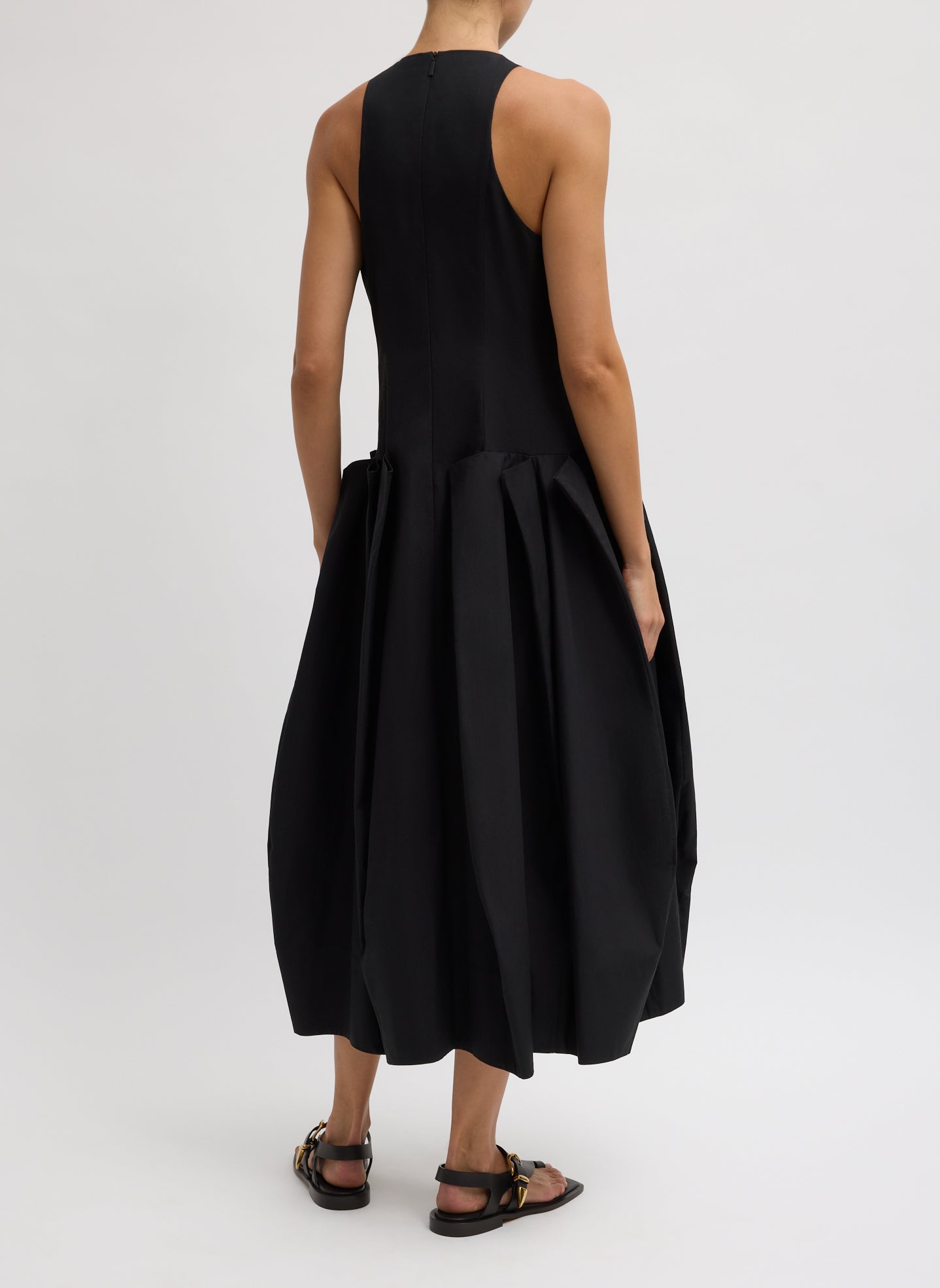 Black Compact Eco Poplin Pinched Pleat Dress - midi dress, back view on model