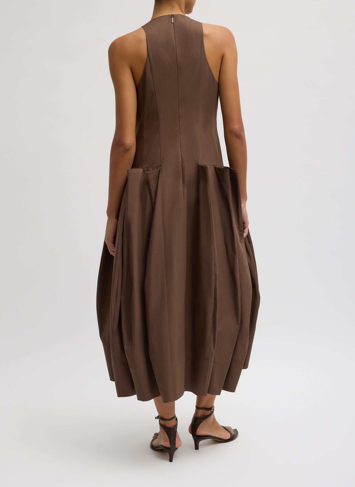 Sepia Brown Compact Eco Poplin Pinched Pleat Dress - midi dress, back view on model