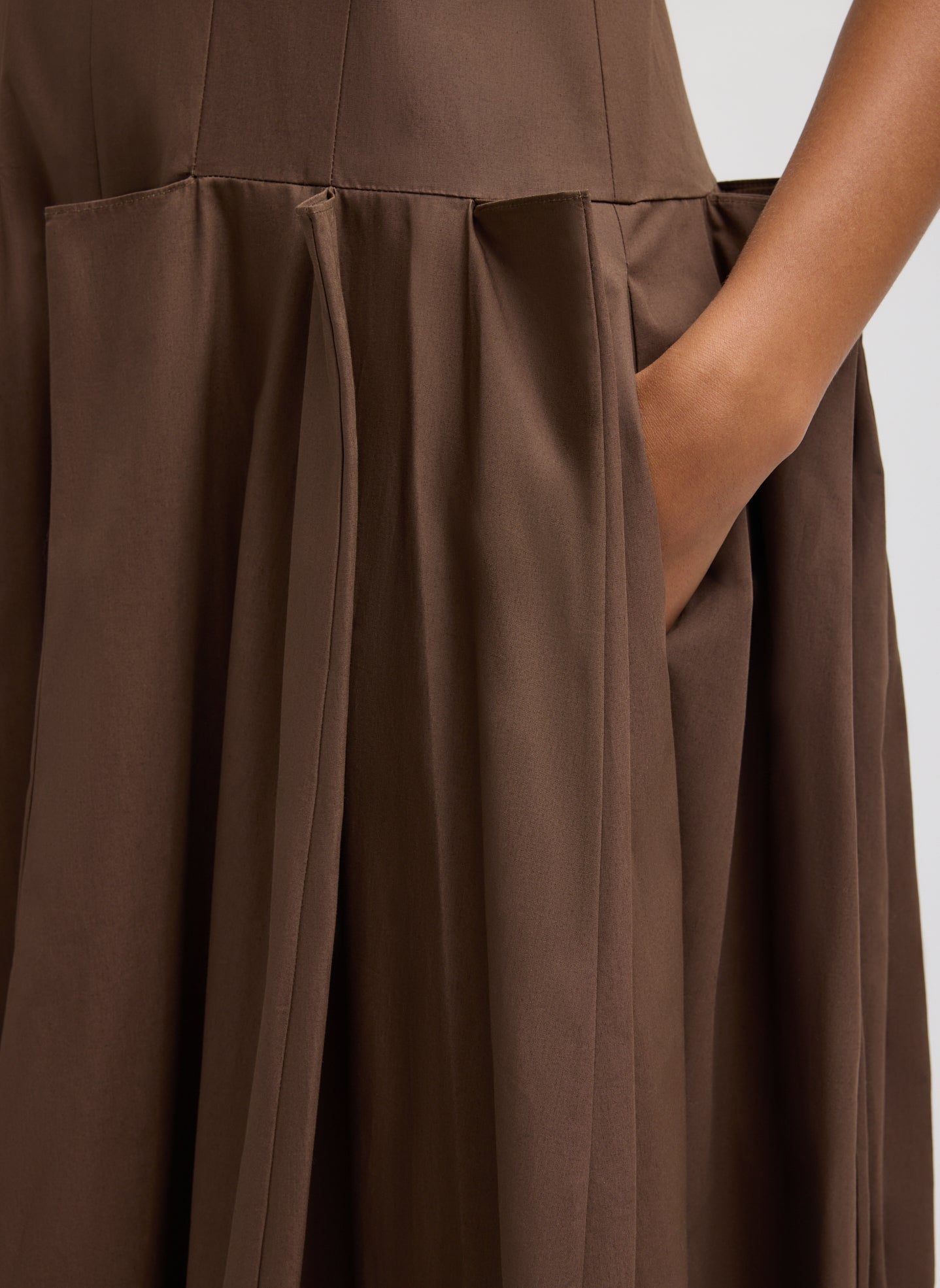 Sepia Brown Compact Eco Poplin Pinched Pleat Dress - closeup of side pocket and pleat details