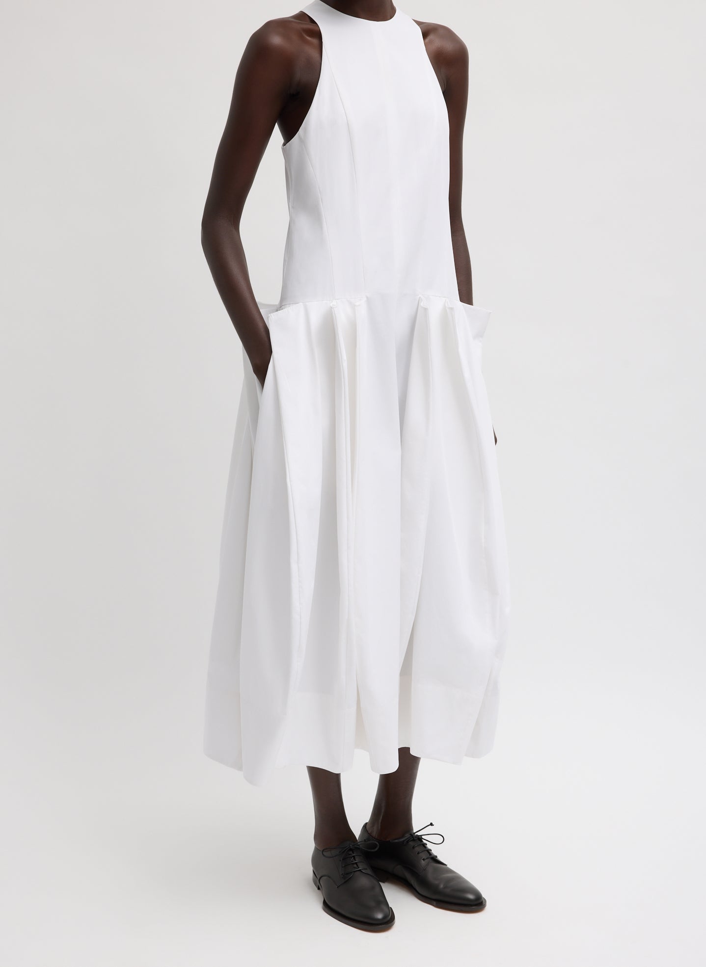 White Compact Eco Poplin Pinched Pleat Dress - midi dress, front view on model