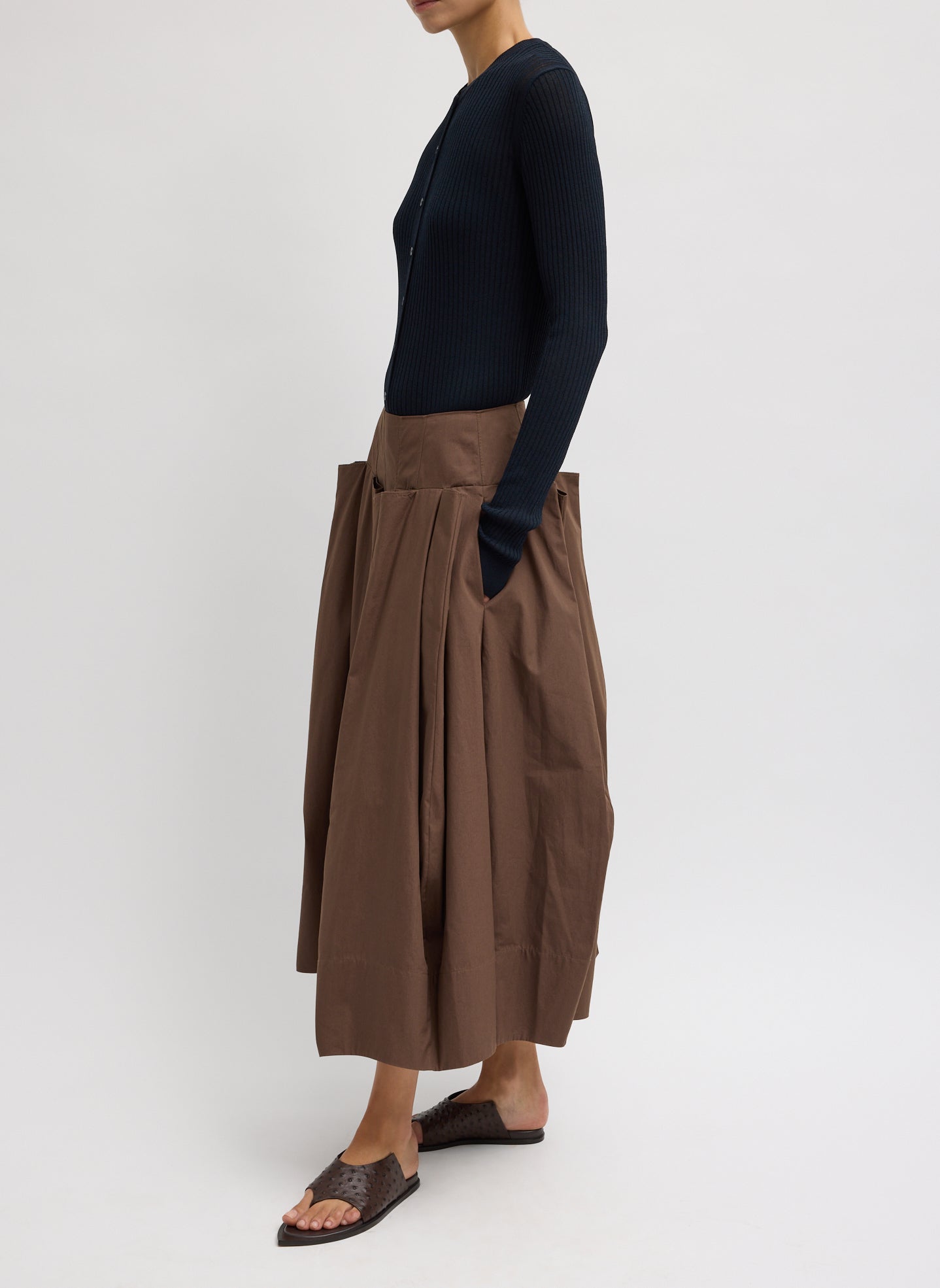 Sepia Brown Compact Eco Poplin Pinched Pleat Full Skirt - side view on model